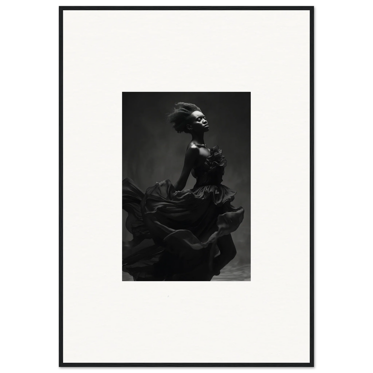 Dramatic black and white shot of Veiled Nigretto Whispers in motion, showcasing elegance