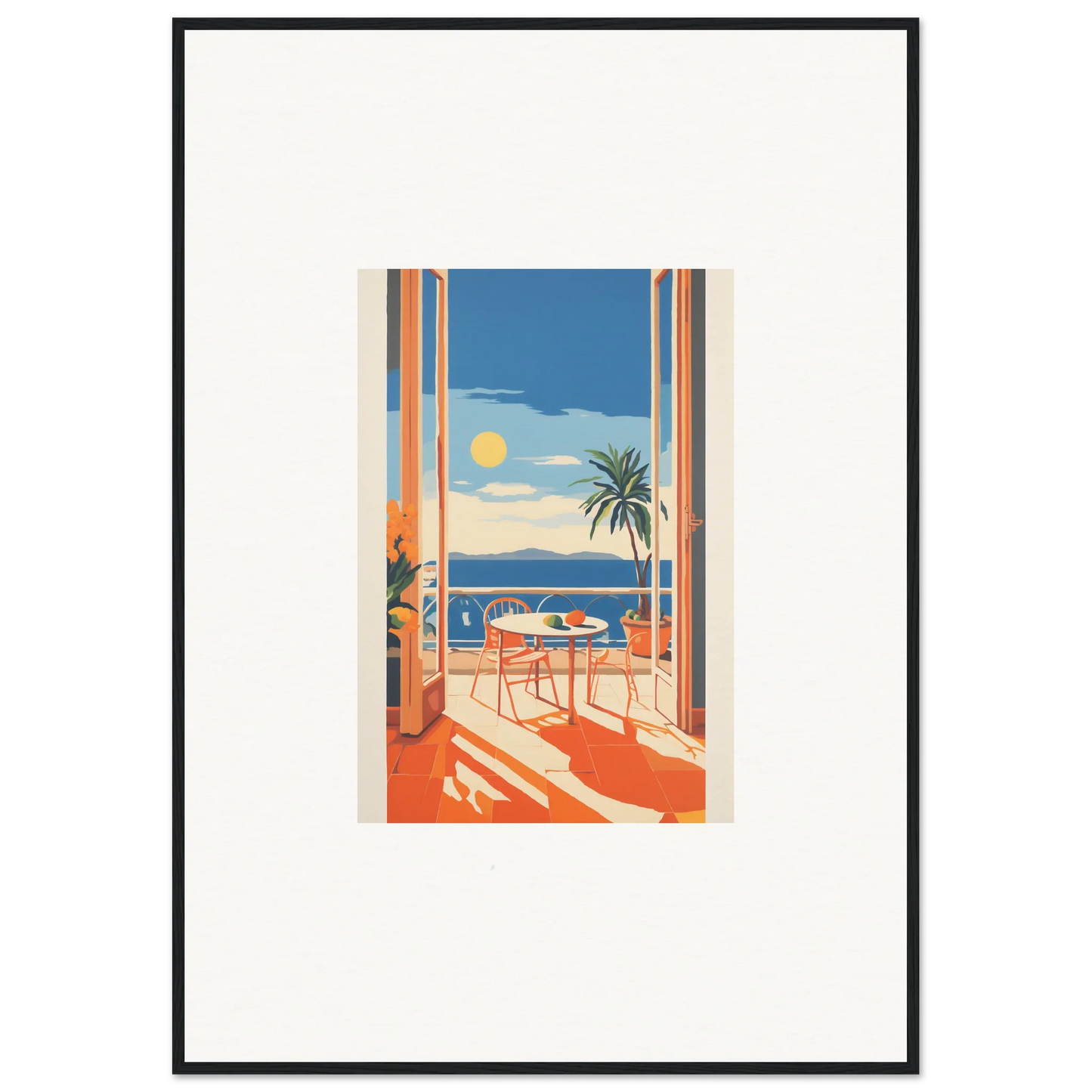 Framed vintage travel poster for Tranquil Mirage Brunch with sunny coastal view