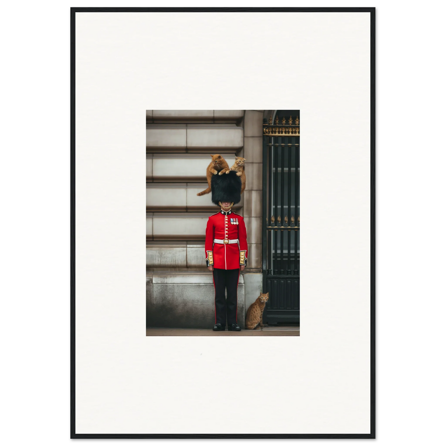 Orange cat lounging on Queen’s Guard uniform in Sensational Sentinels’ Playground framed poster