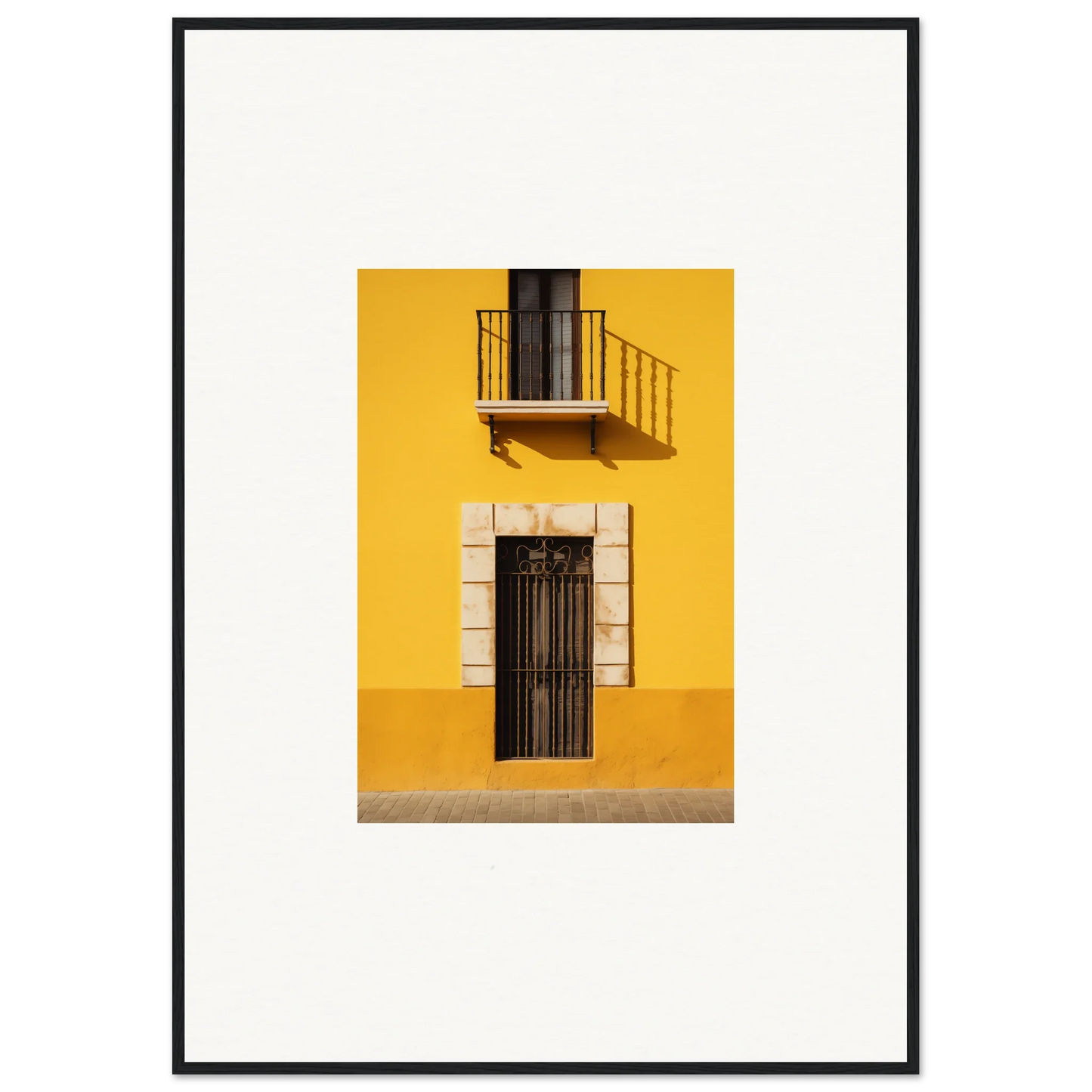 Vibrant yellow building with a black door and balcony, perfect for Sun Custard Symphonies