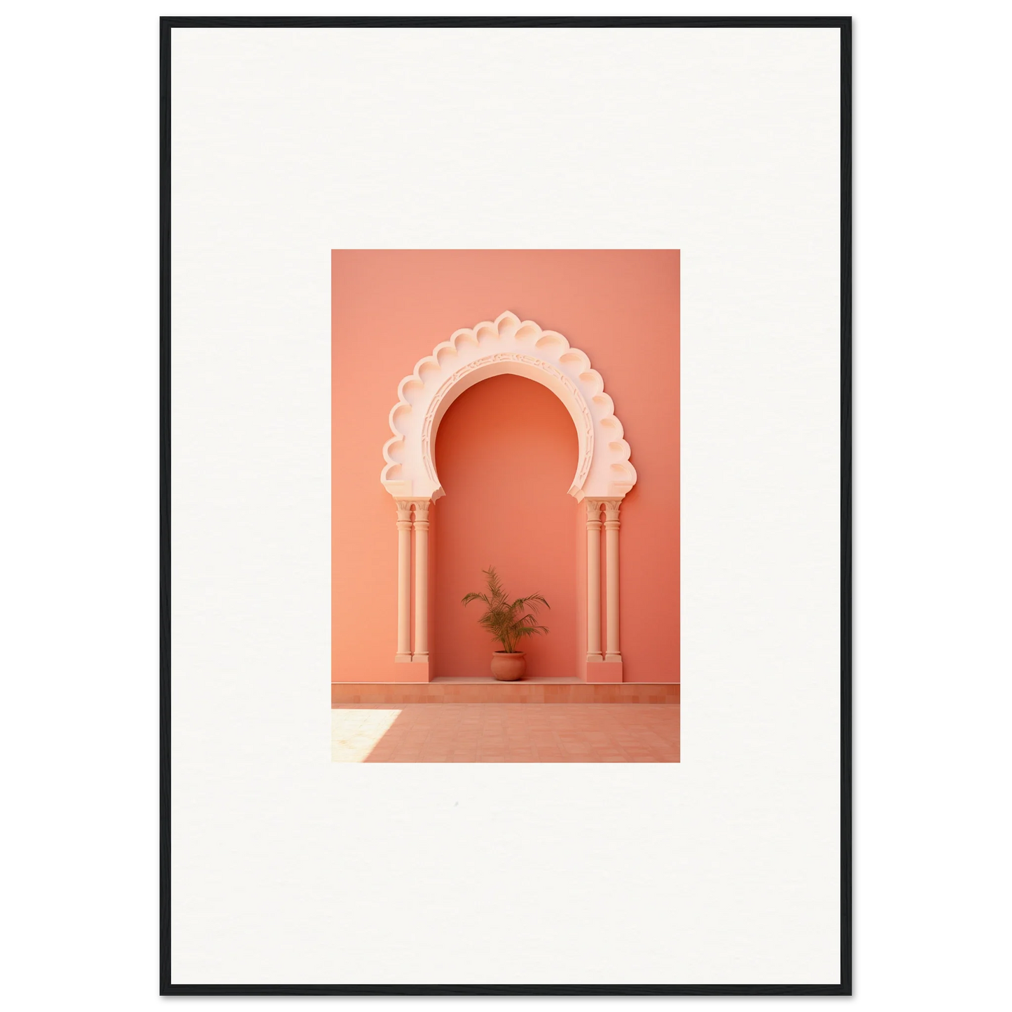 Coral-colored archway with scalloped details beside a potted plant in Narco Échappatoire Portal