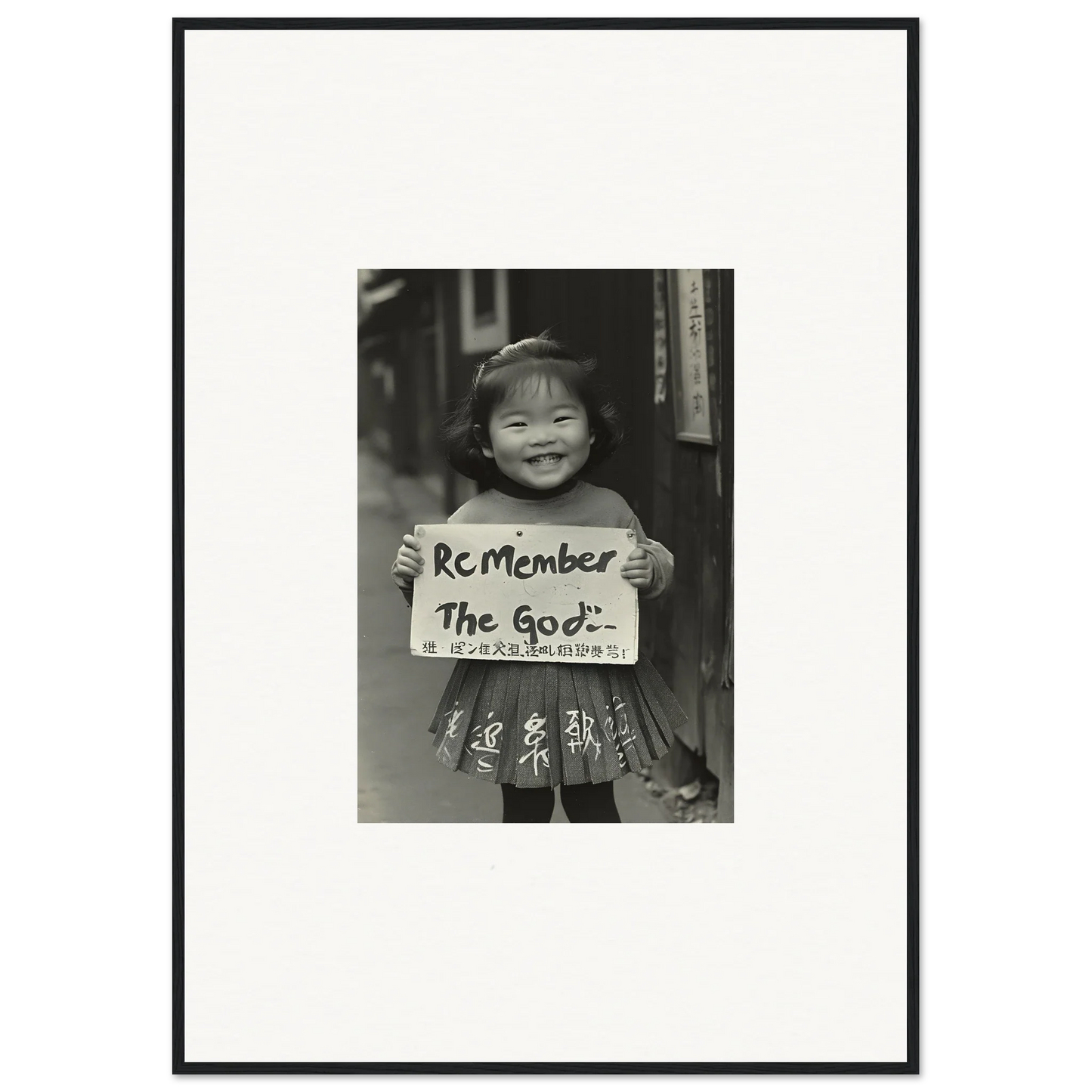 Black and white photo of a child with a Remember the good sign for Sacred Smile Echoes