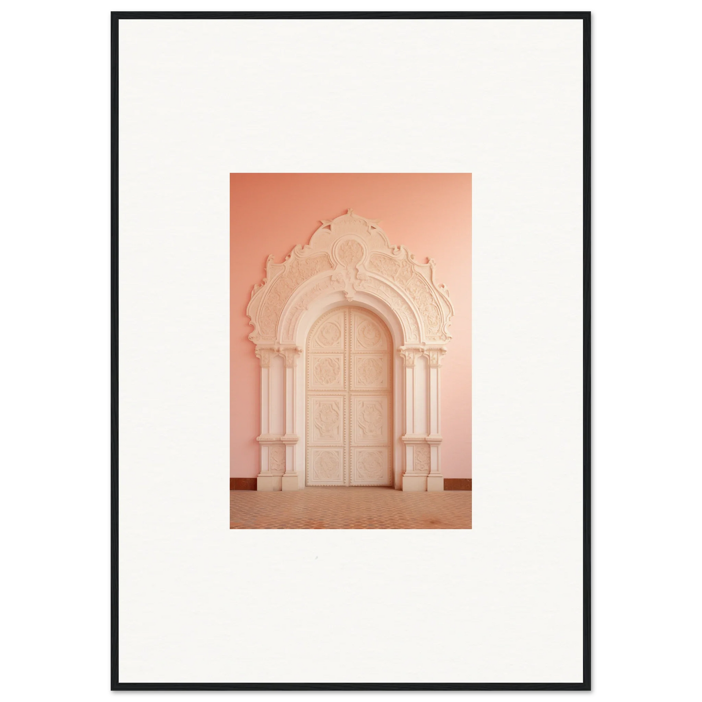 Ornate arched doorway in soft peachy-pink for Patio Reverie Sleutelenv framed wall art