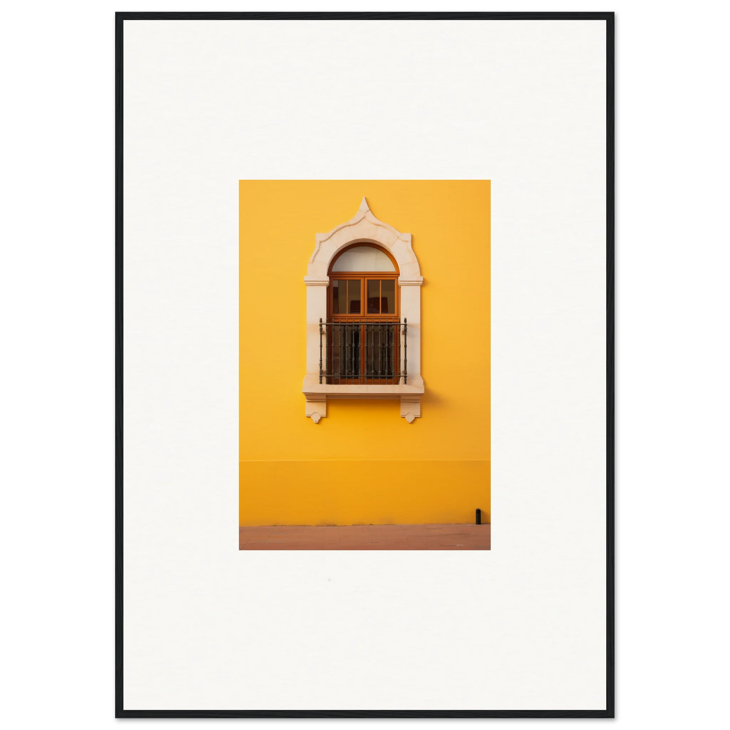 Ornate arched window with shutters on yellow wall in Golden Portal Reverie art piece