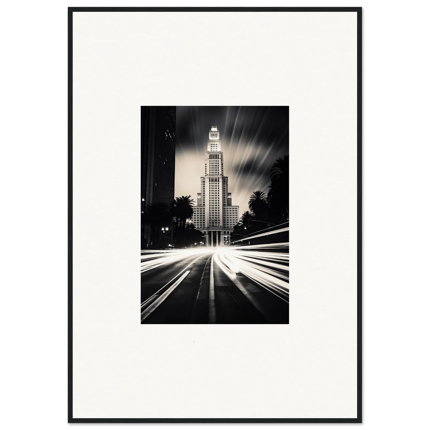 Art Deco skyscraper glowing at night with light trails, a Luminescent Metropolis Beacon