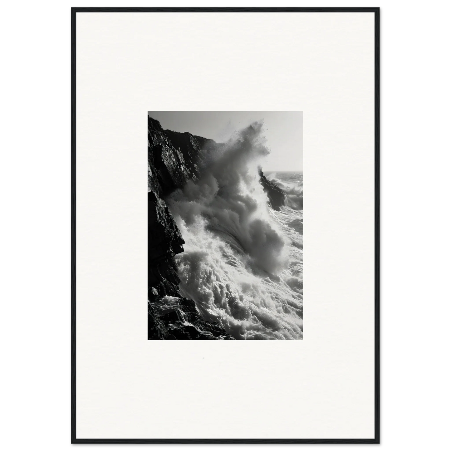 Powerful ocean waves crashing on cliffs in Ephemeral Echoes Surge framed wall art
