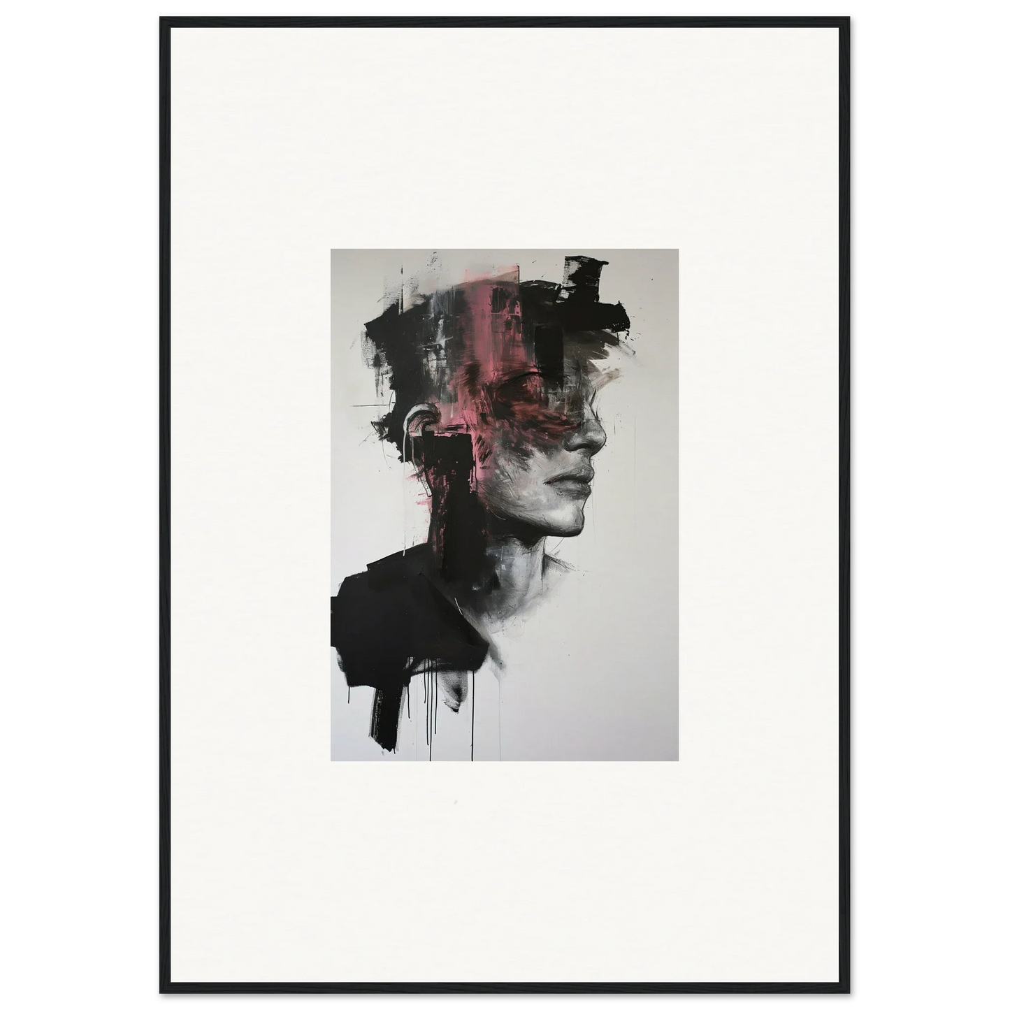 Abstract portrait in black and pink watercolors on a Fragmented Psyche Canvas
