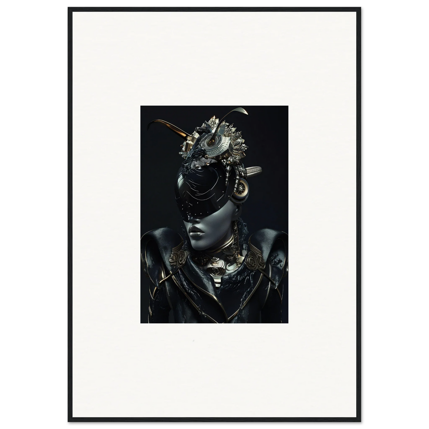 Framed black-and-white wall art of a figure in a stunning headdress for room decoration