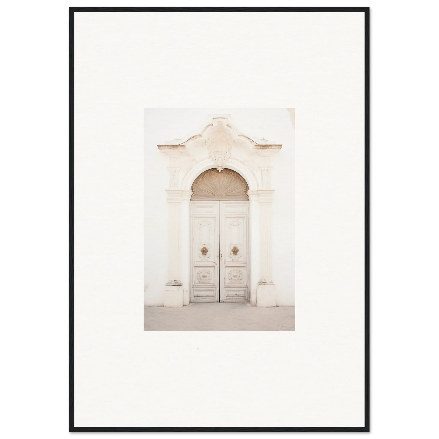 Ornate white double door with archway in Faded Elegance Whispers framed wall art