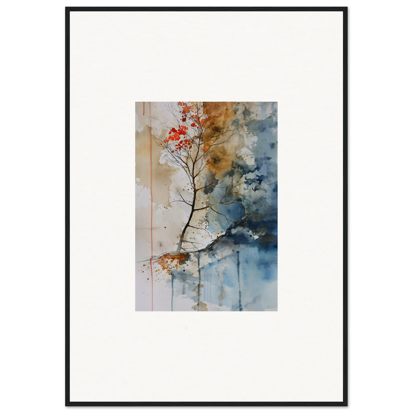 Framed watercolor wall art of red flowers on a tree branch, perfect for room decoration