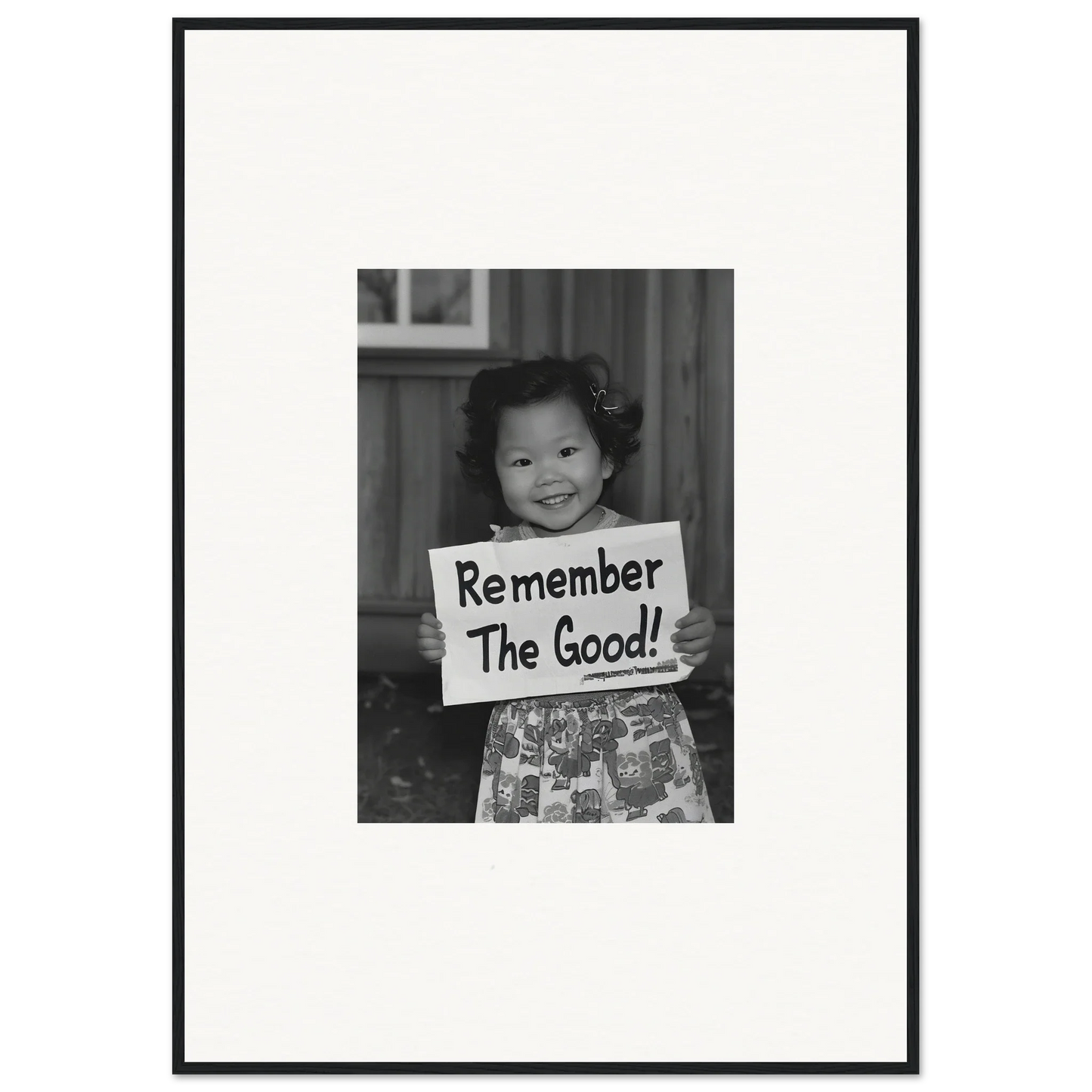 Black and white photo of a child with a Remember The Good sign for Essence Savor Whispers