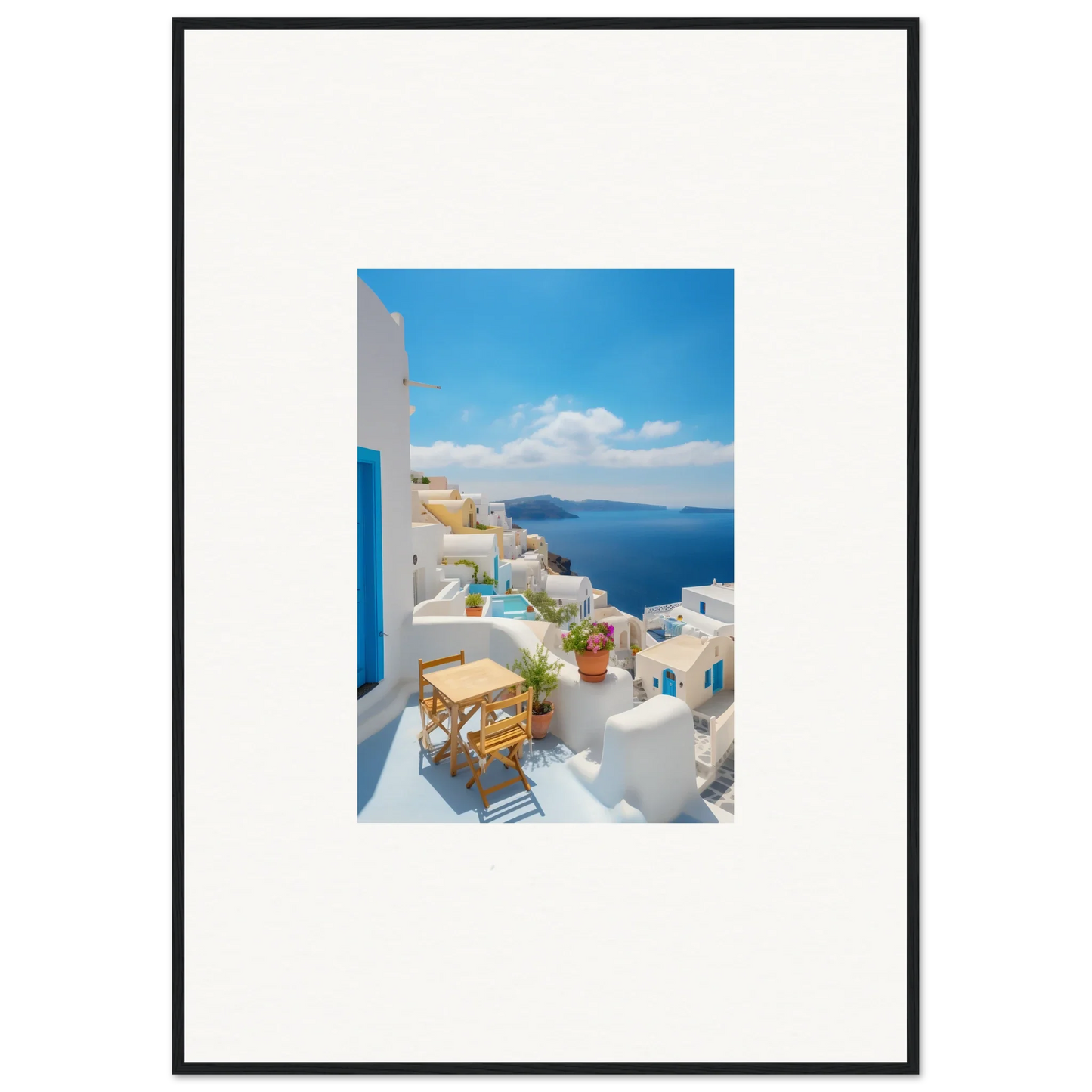 Framed poster of Santorini’s white buildings in the Dream-Touched Odyssey collection
