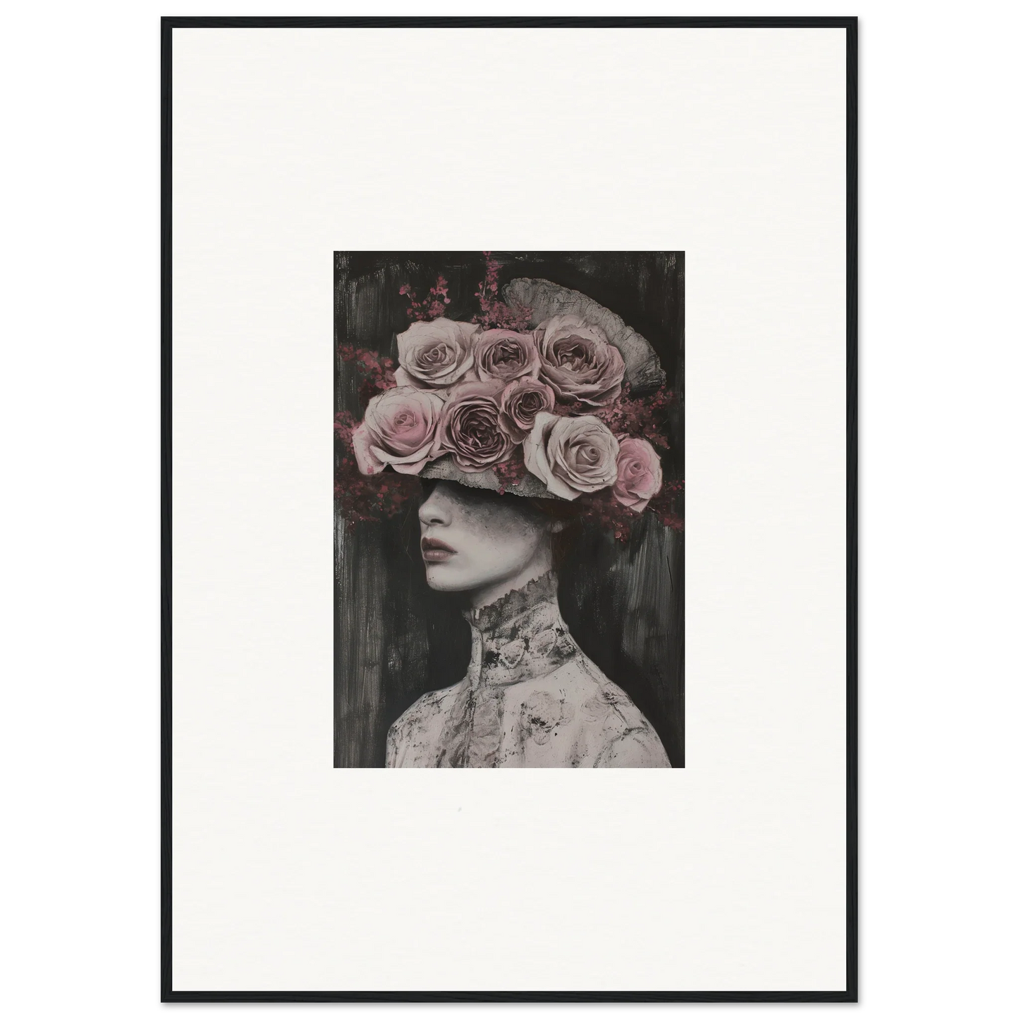 Black and white portrait with pink roses, showcasing the Floral Odyssey Veil art piece