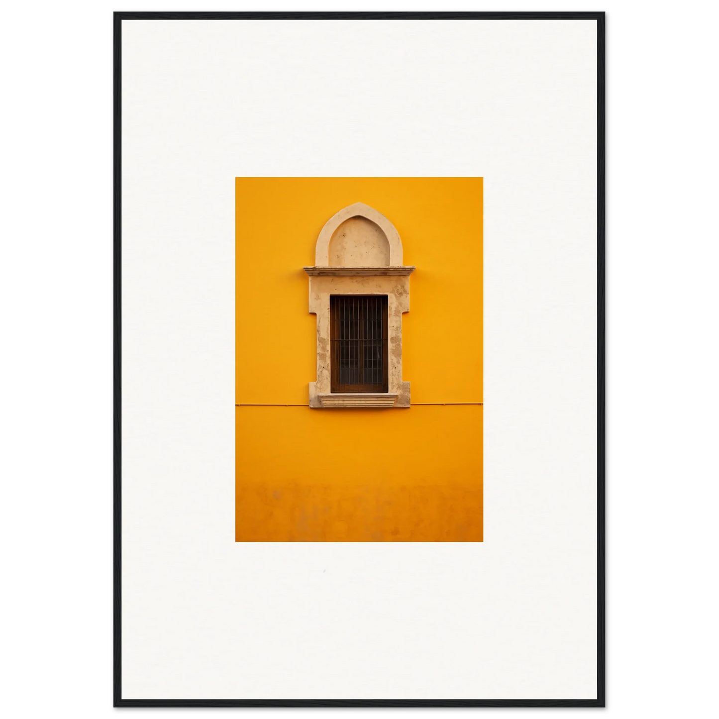 Ornate window with stone trim on a bright yellow wall in Golden Correspondence Portal art