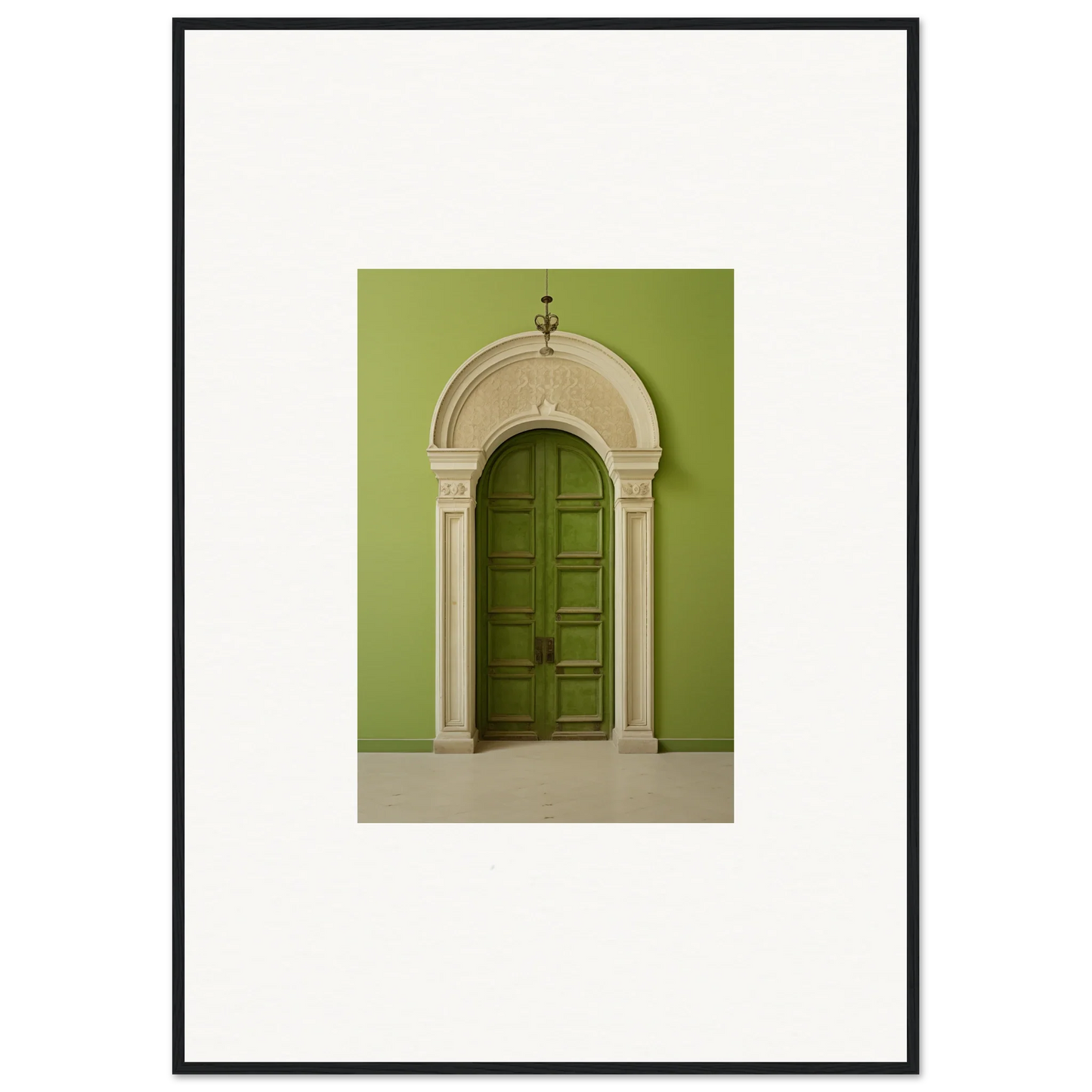Elegant arched green door with ornate stone surround from Verdant Luminary Portal art™