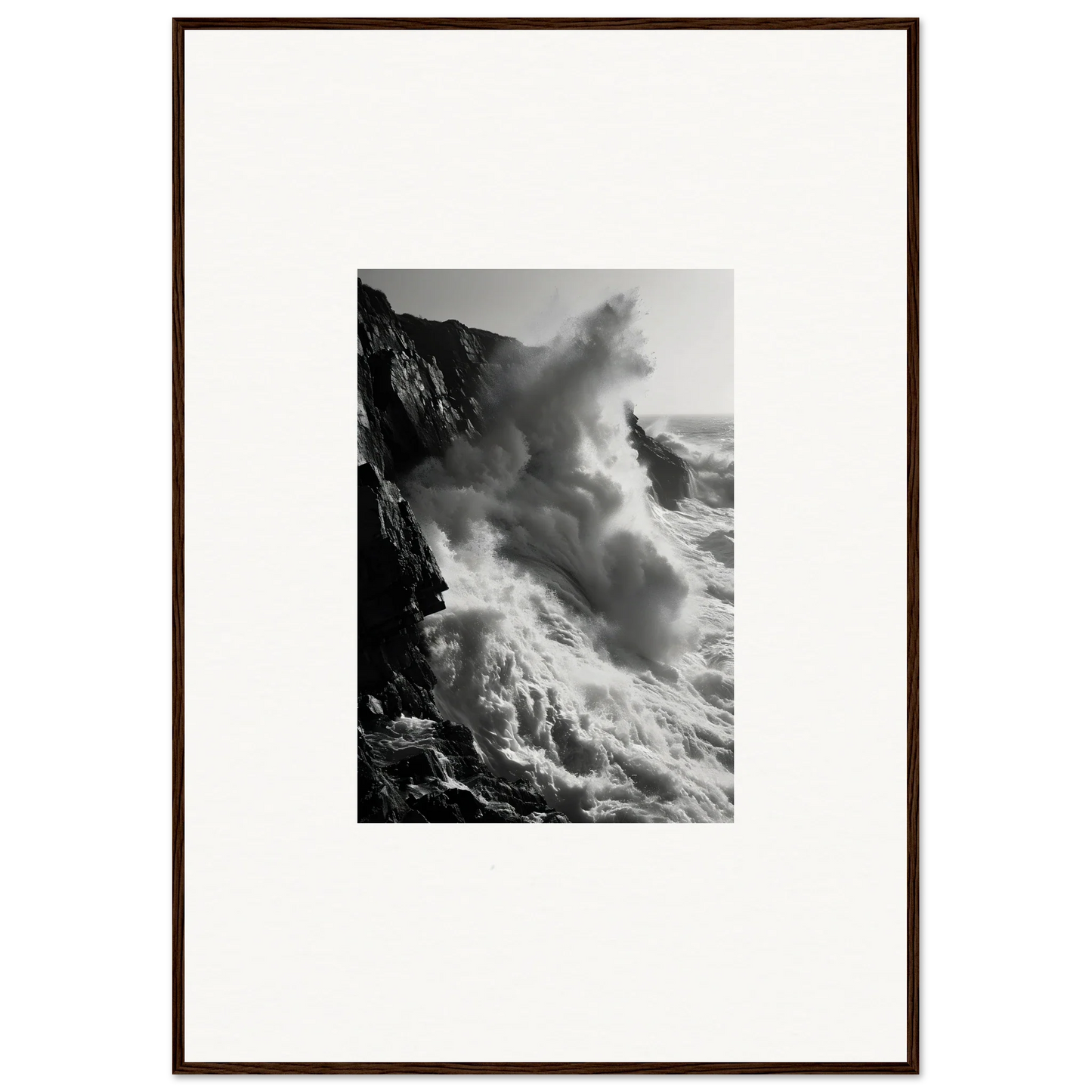Dramatic ocean waves crash on cliffs in Ephemeral Echoes Surge framed wall art