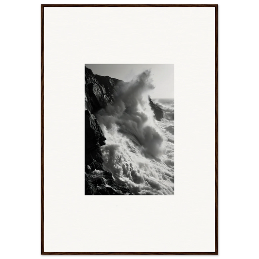 Dramatic ocean waves crash on cliffs in Ephemeral Echoes Surge framed wall art