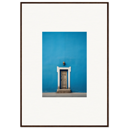 Wooden door with white trim on bright blue wall in Eternal Cerulean Cloister design