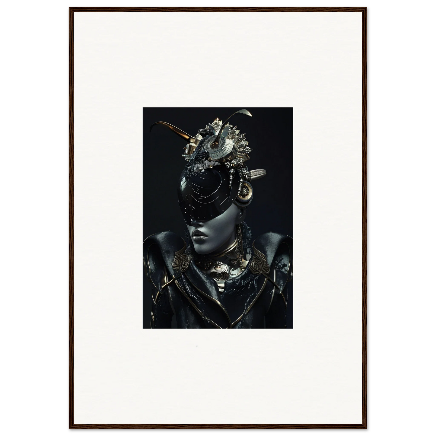 Framed black and white wall art of a figure in stunning headdress for room decoration