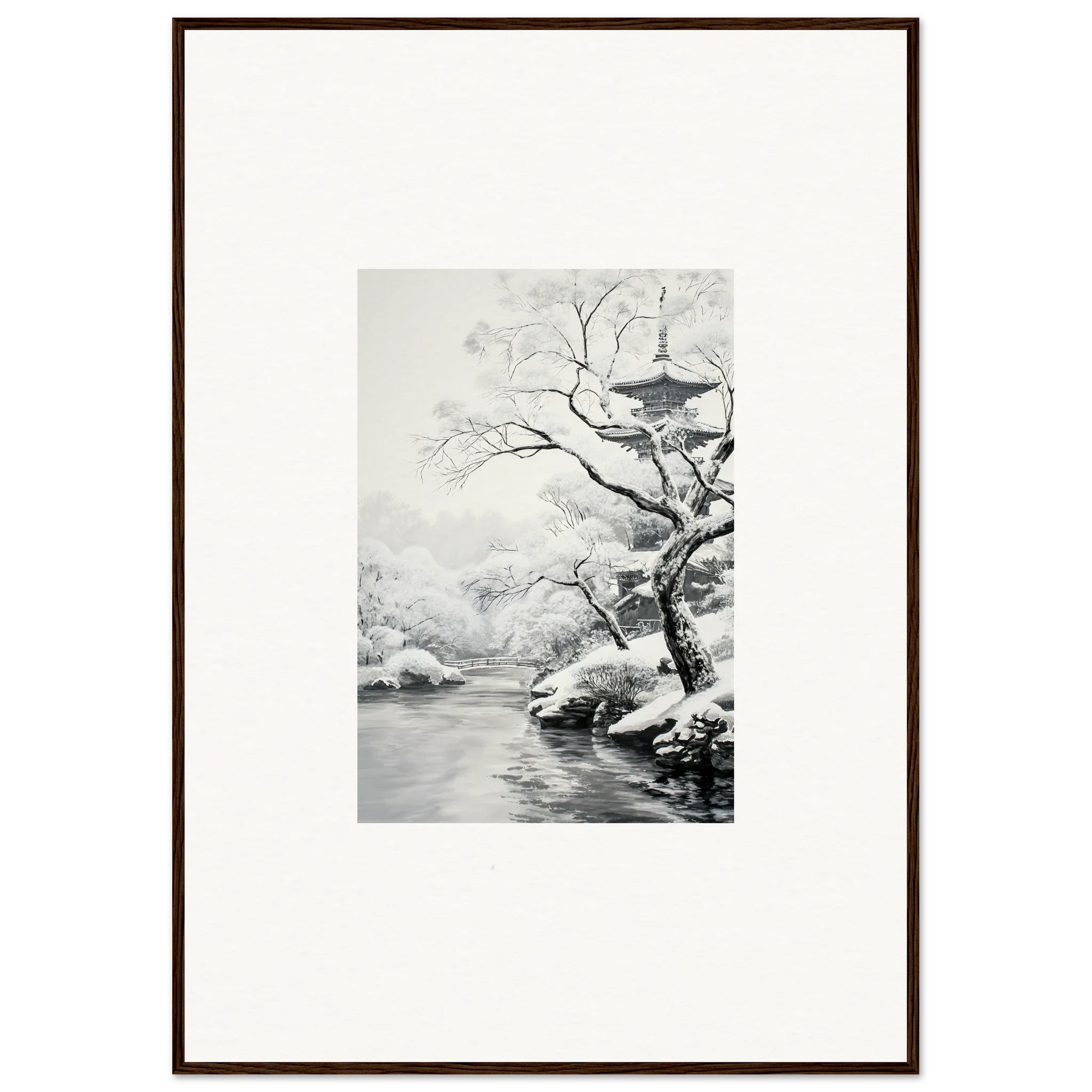 Framed black and white artwork of a snowy landscape in Metaphysical Winter Reverie