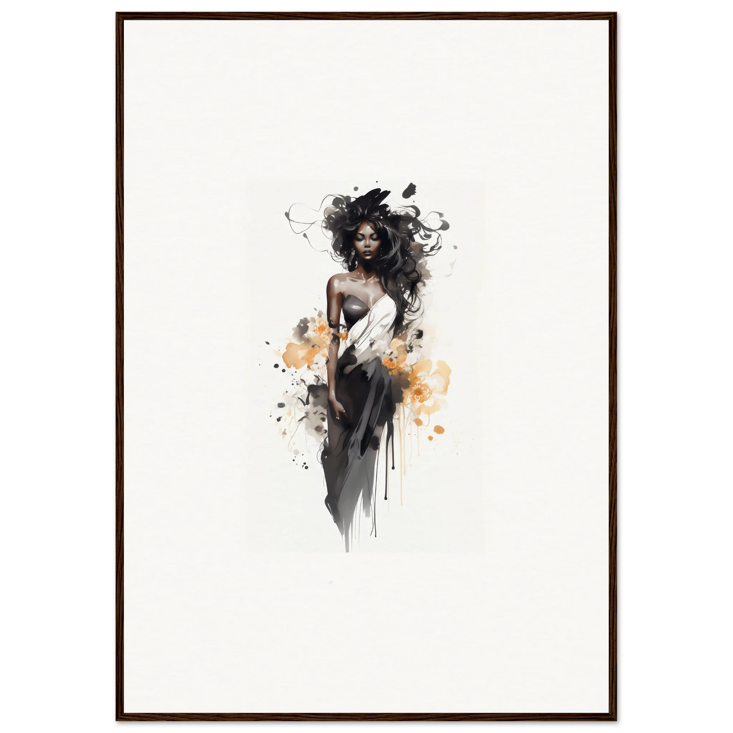 Artistic watercolor and ink illustration in black dress with orange splashes, Harlequin Suns Wash