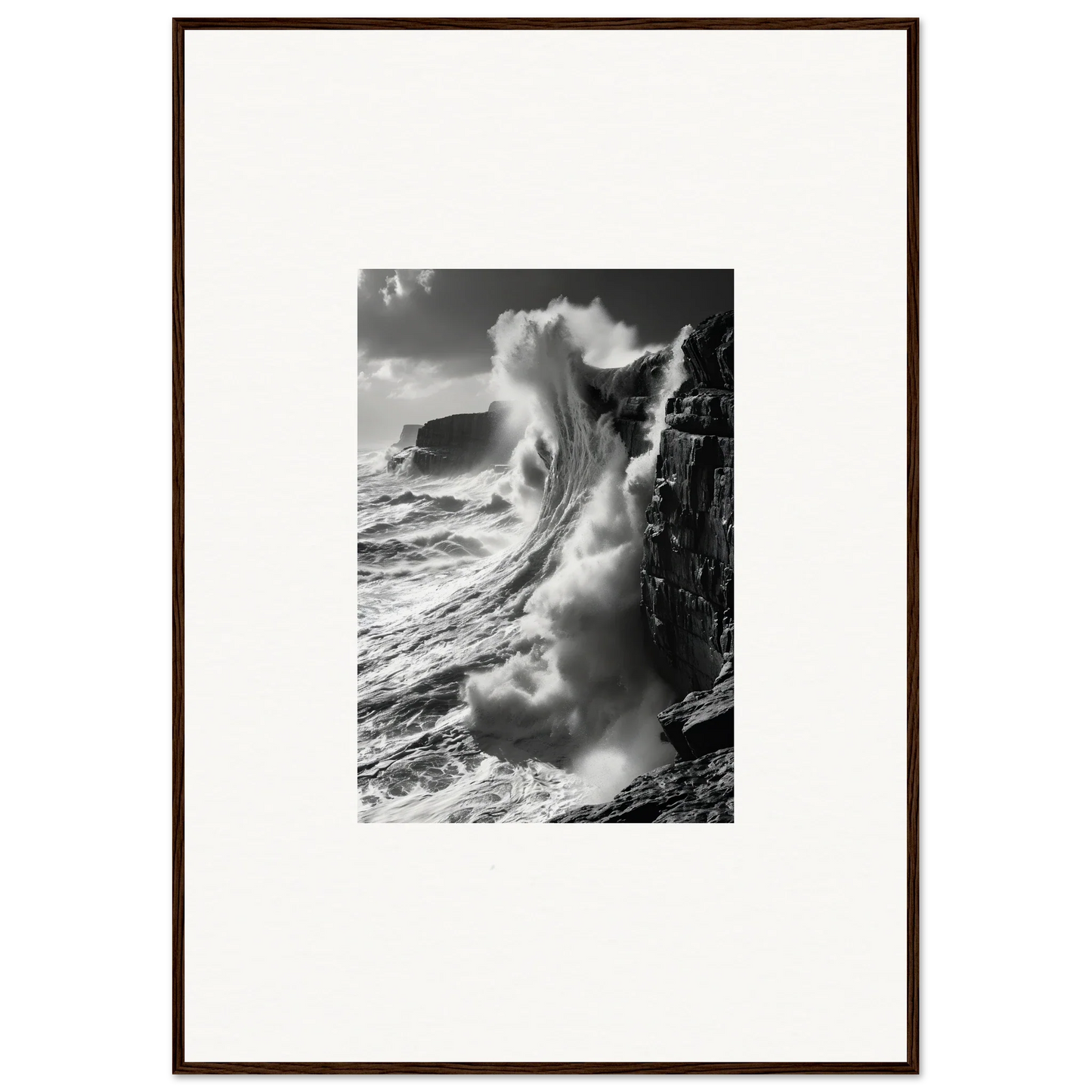 Powerful ocean wave crashing on rocky cliffs in Tidal Curved Reality framed wall art