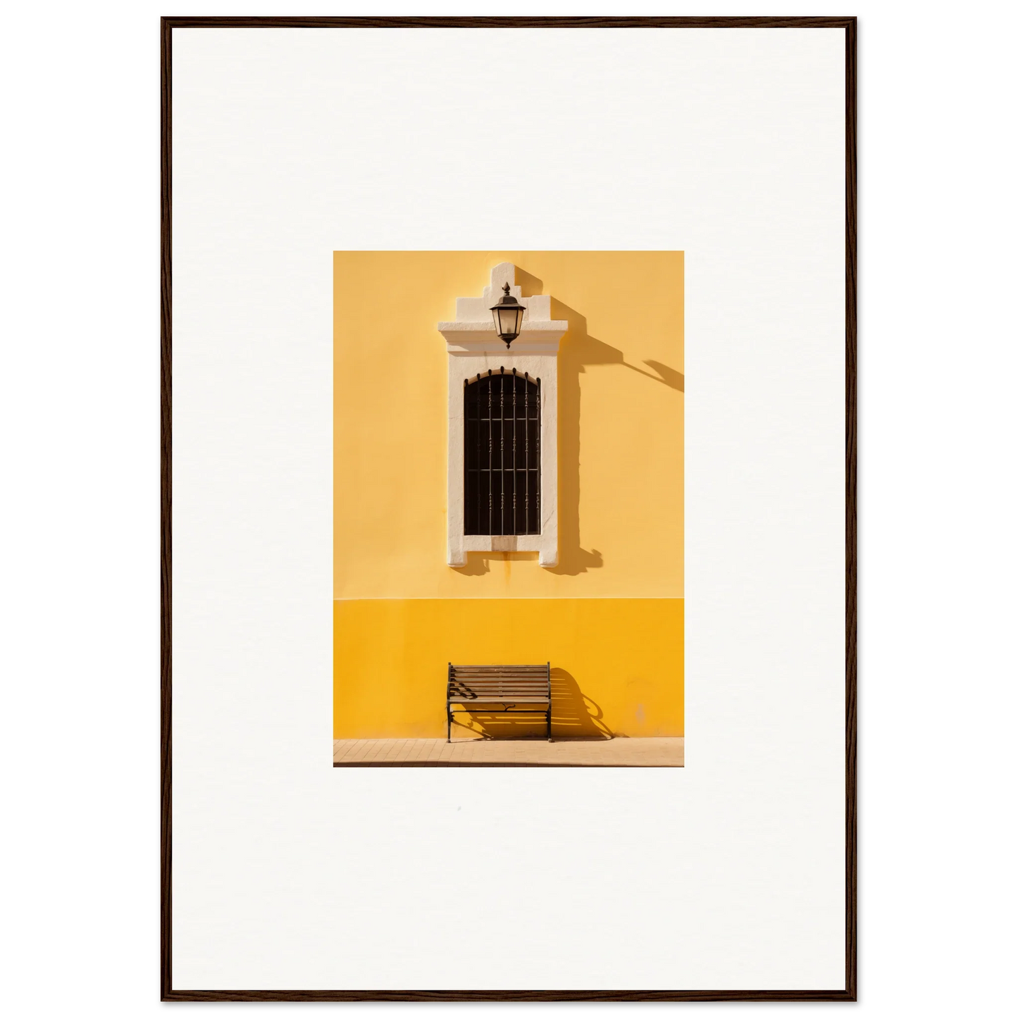 Wooden bench by a barred window on a yellow wall for Six-light Cult Optionsky art
