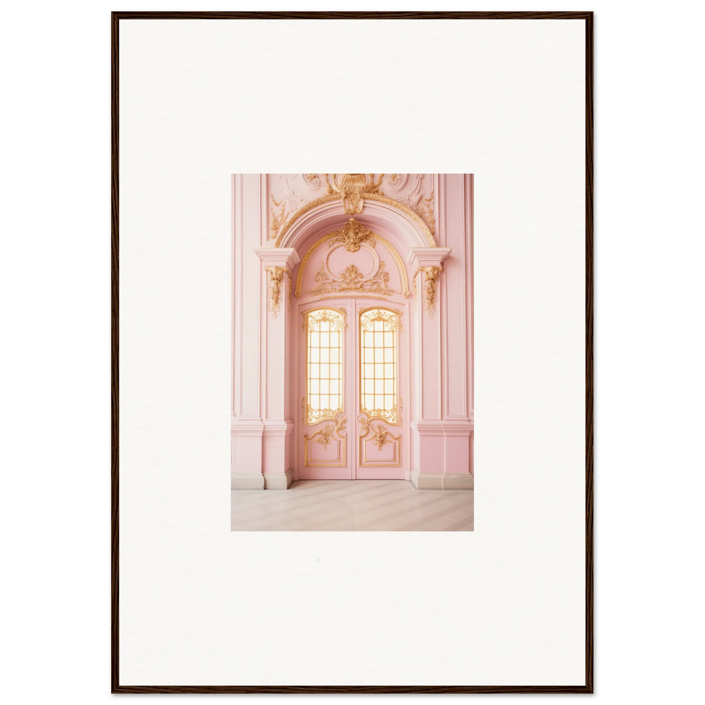 Ornate pink double doors with Rococo details at Ethereal Rose Haven framed wall art