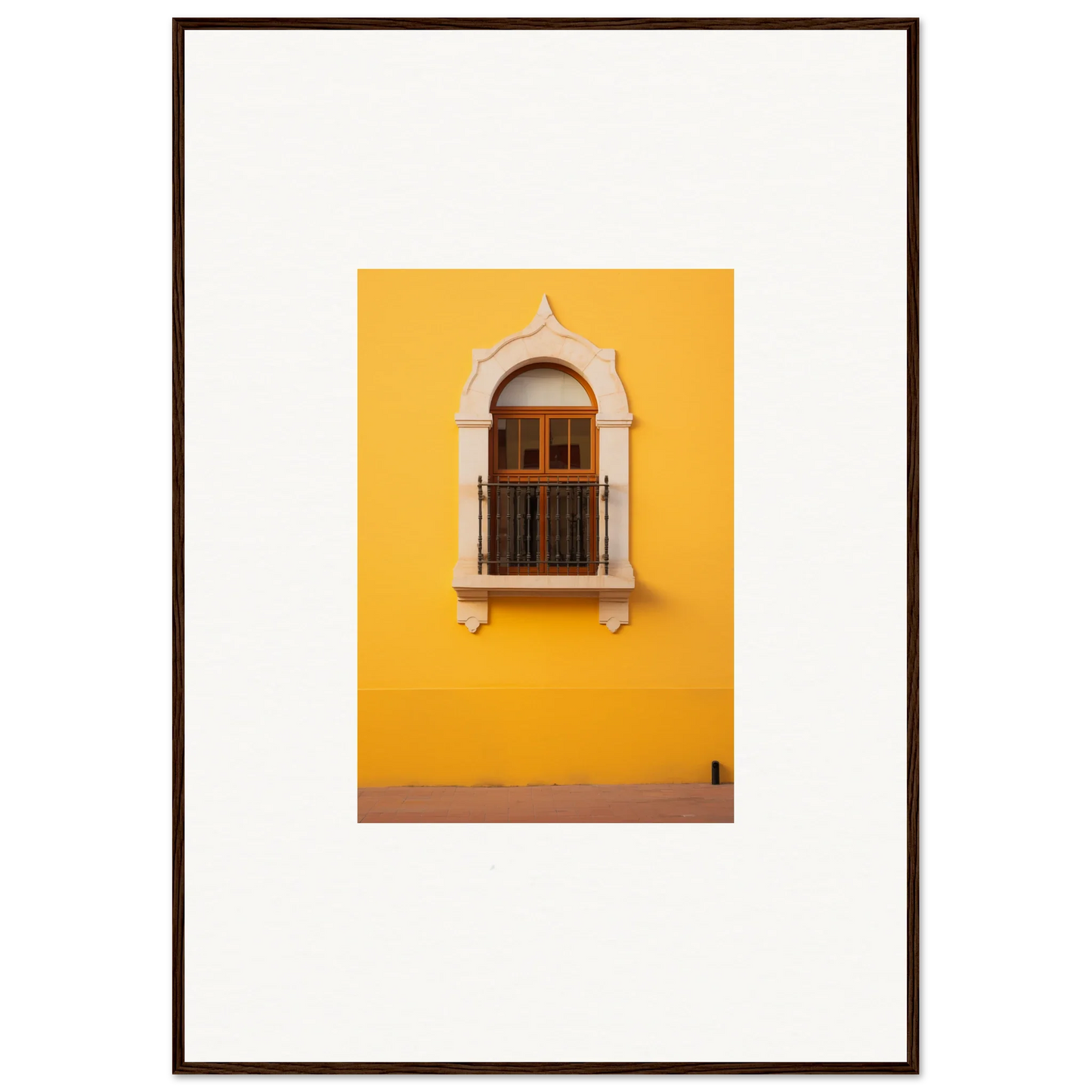 Ornate arched window with wooden shutters on a yellow wall in Golden Portal Reverie design
