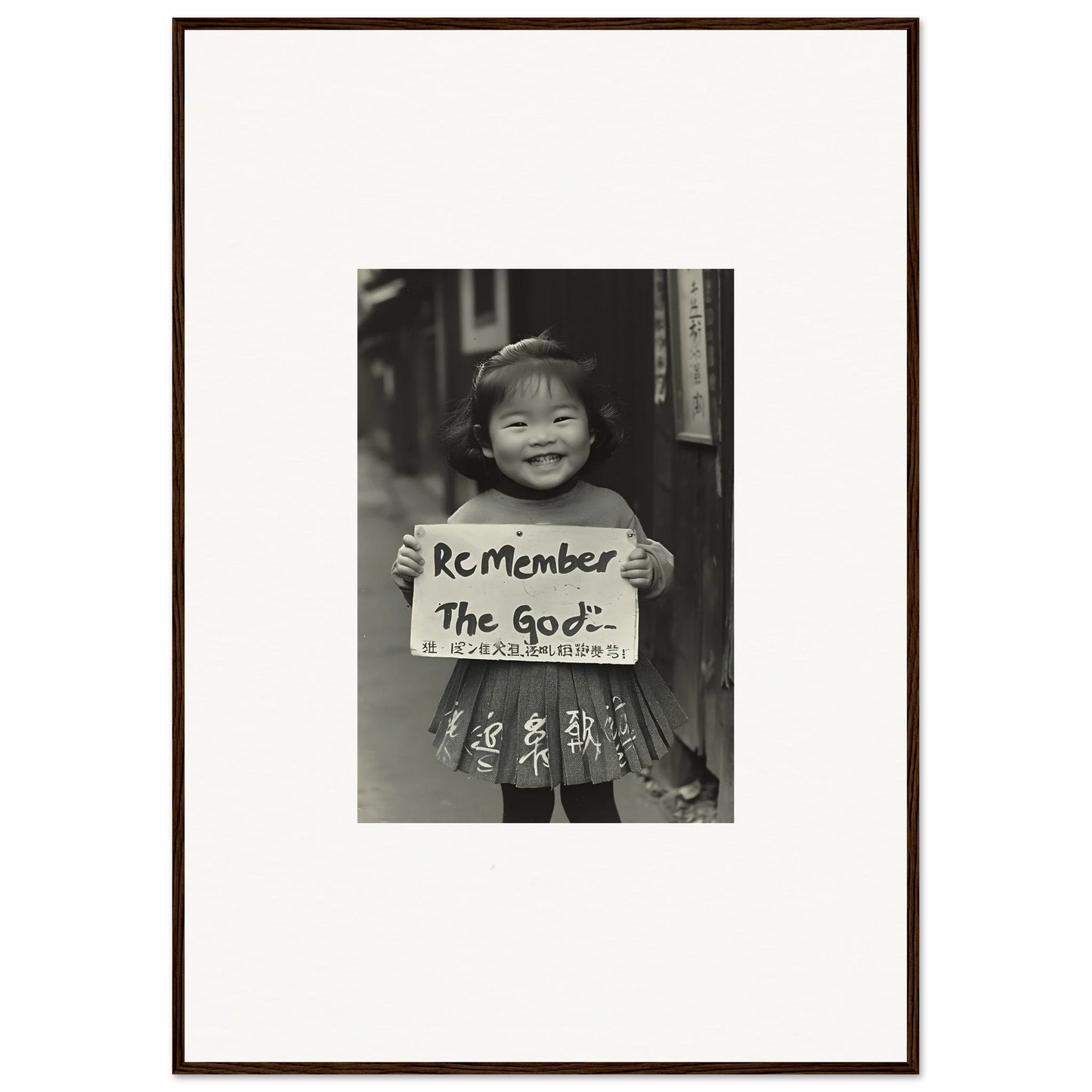 A black and white photo of someone holding a Remember The 80s sign in Sacred Smile Echoes framed wall art