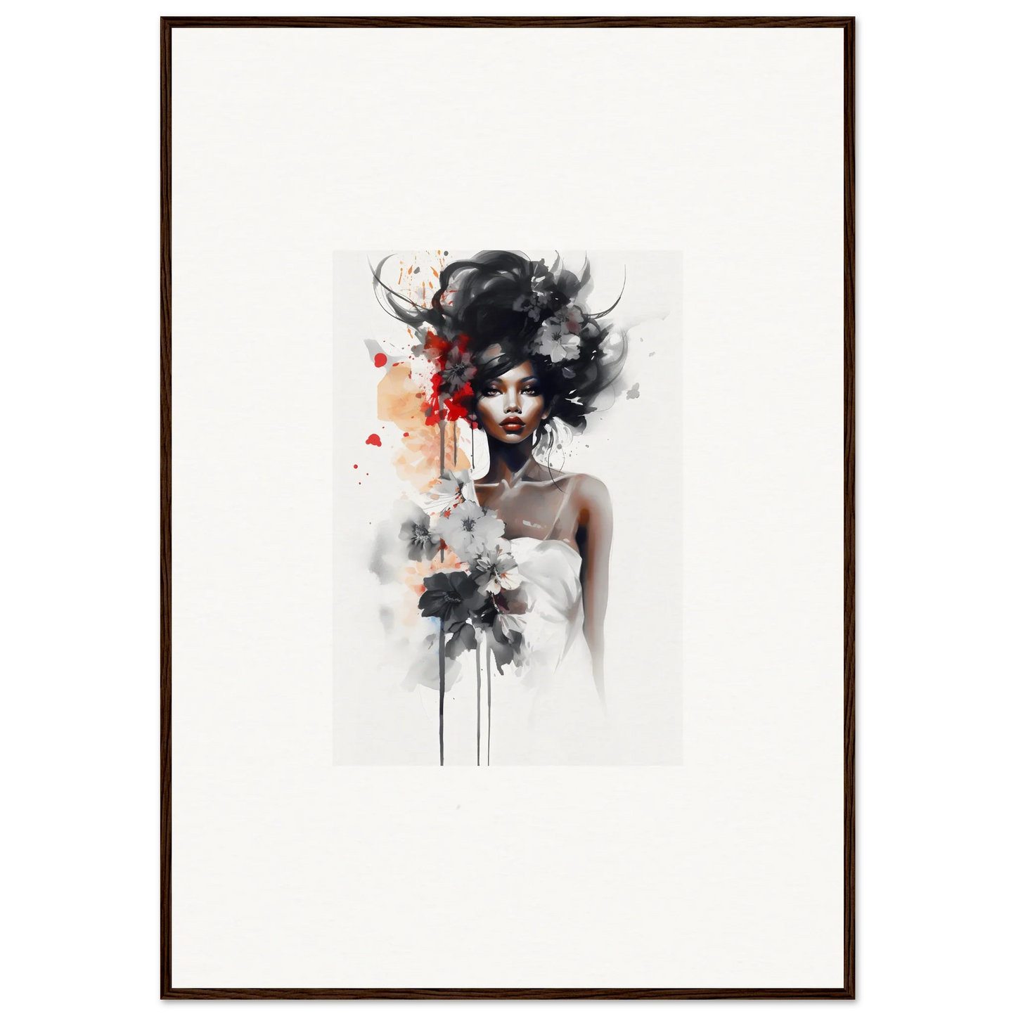 Artistic watercolor portrait of Plume Sultry Reverie with flowing hair and red accents