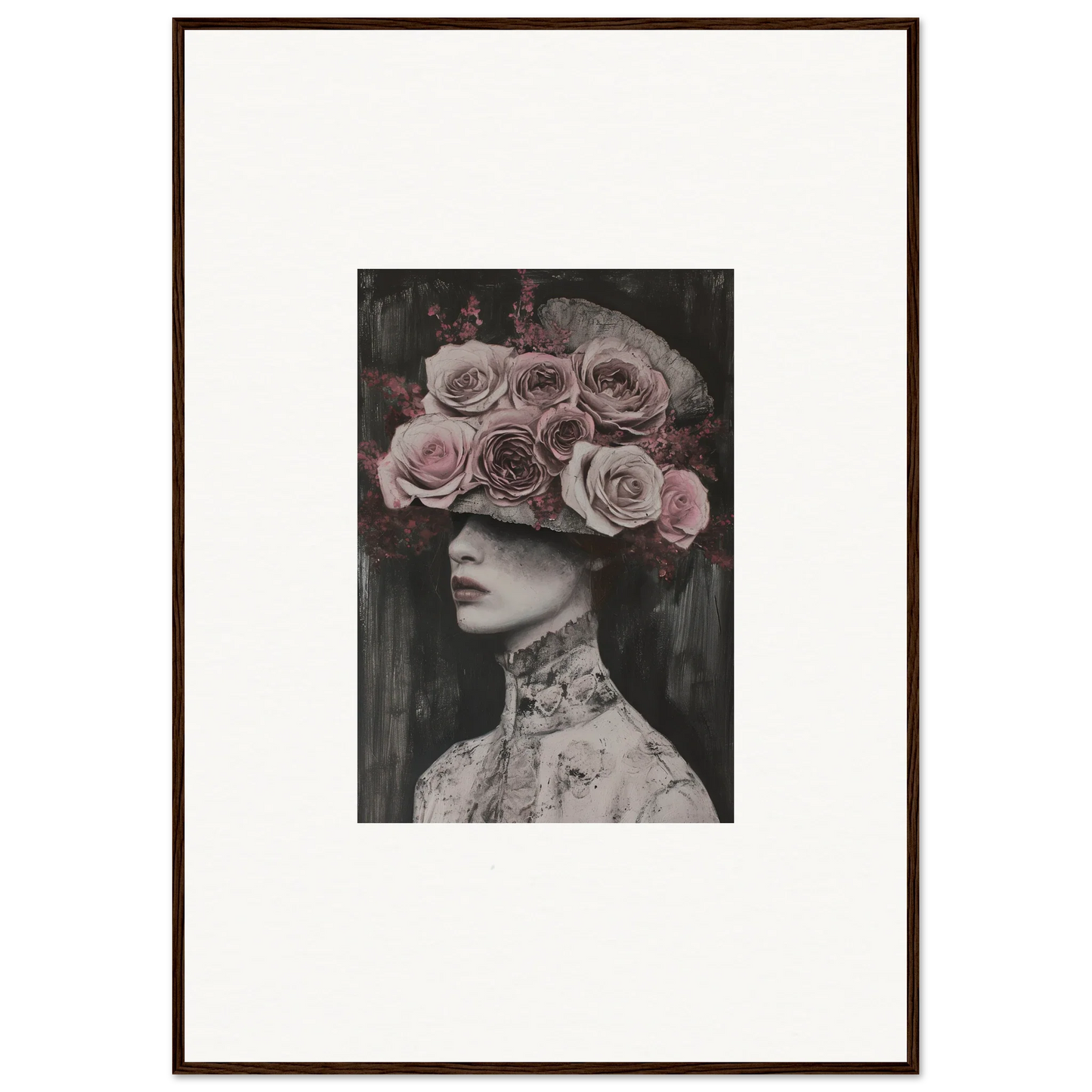 Black and white portrait with pink roses crown for Floral Odyssey Veil framed art