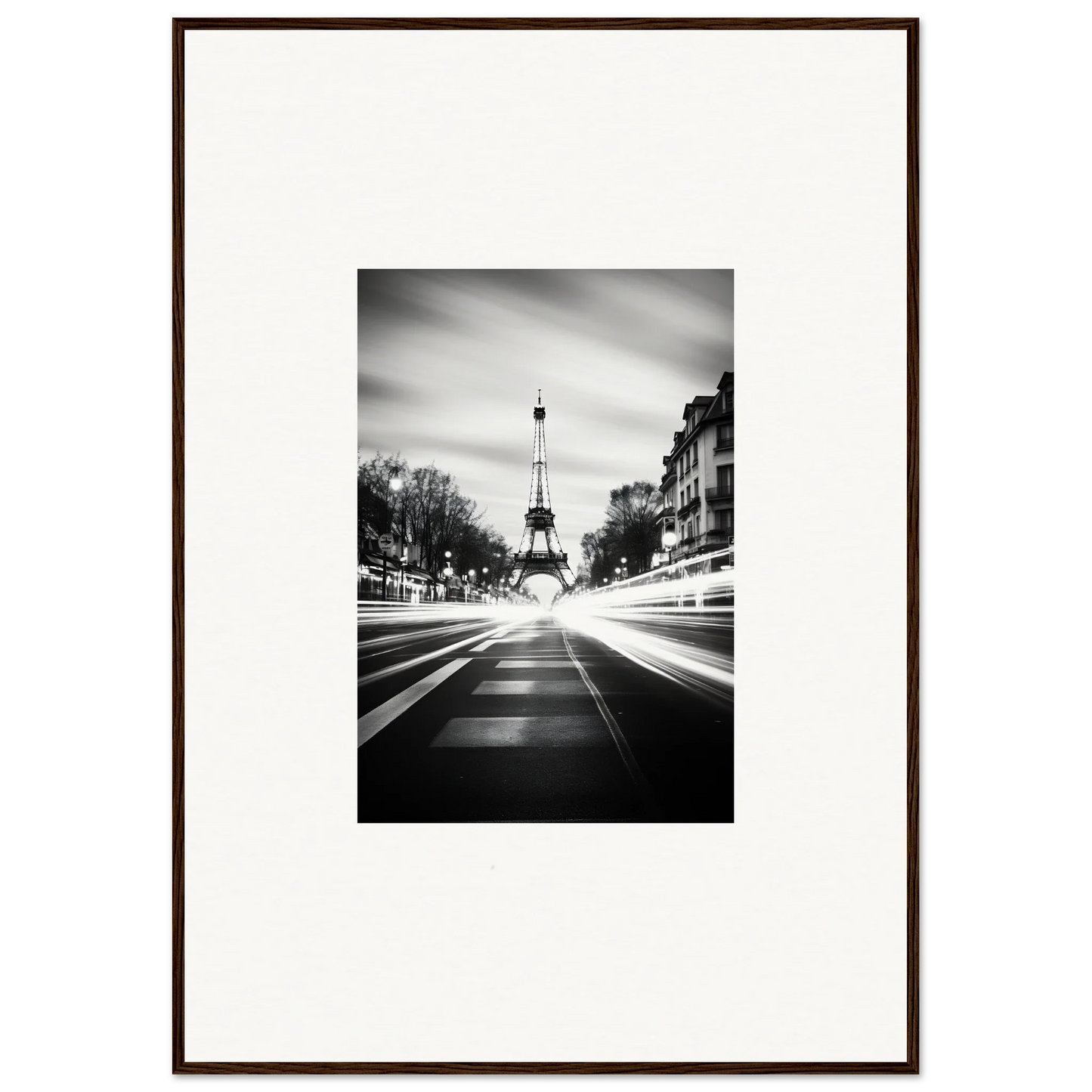Black and white Eiffel Tower street view for Synth Wave Elysium framed wall art