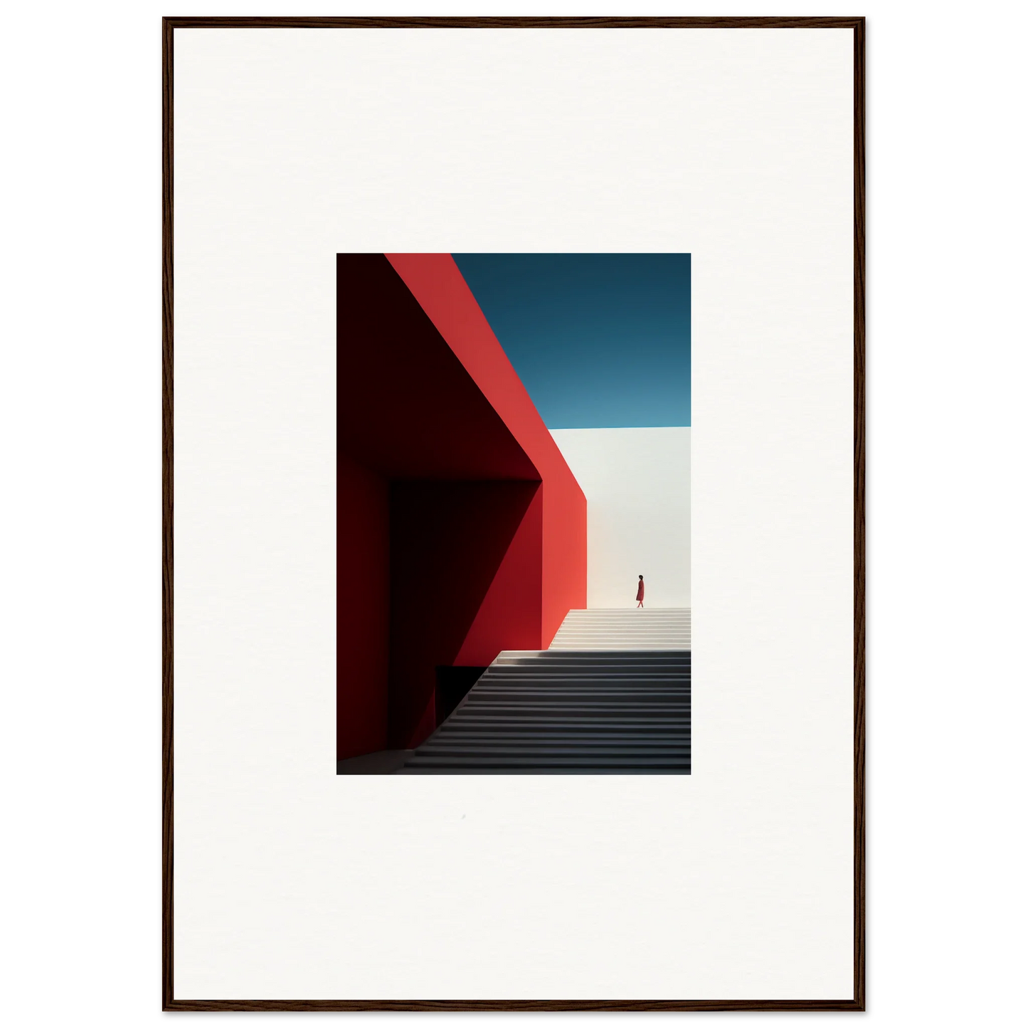 Geometric architecture with red walls and shadows in Mesa Quizzes Cascades framed wall art