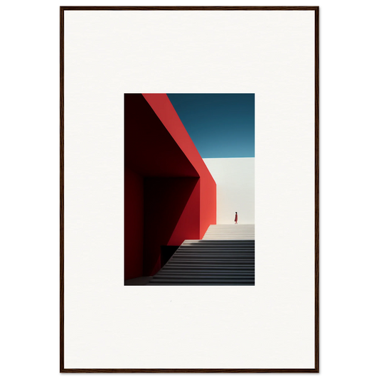 Geometric architecture with red walls and shadows in Mesa Quizzes Cascades framed wall art