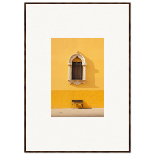 Wooden arched window art on yellow wall above bench in Gapes of Gargoyles special edition art