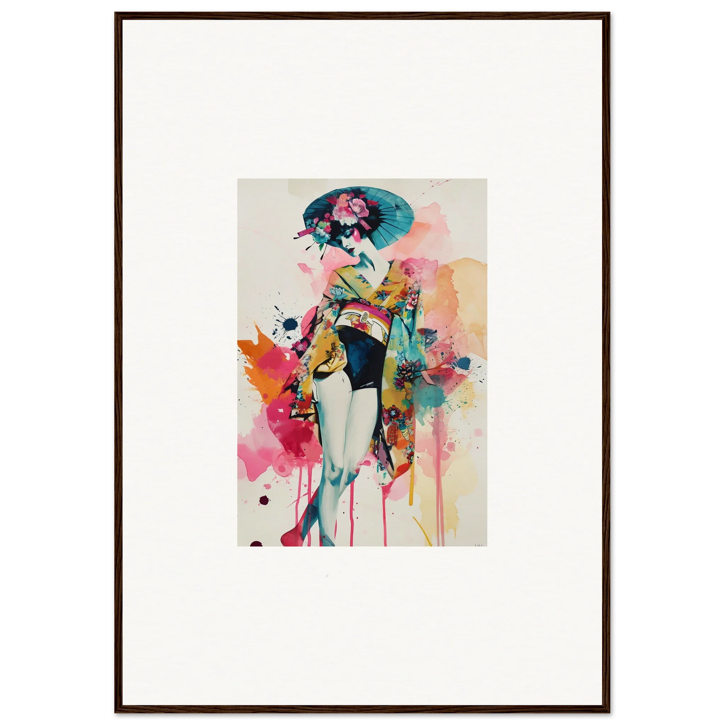 Vibrant abstract wall art of a woman in kimono, perfect for room decoration and canvas print