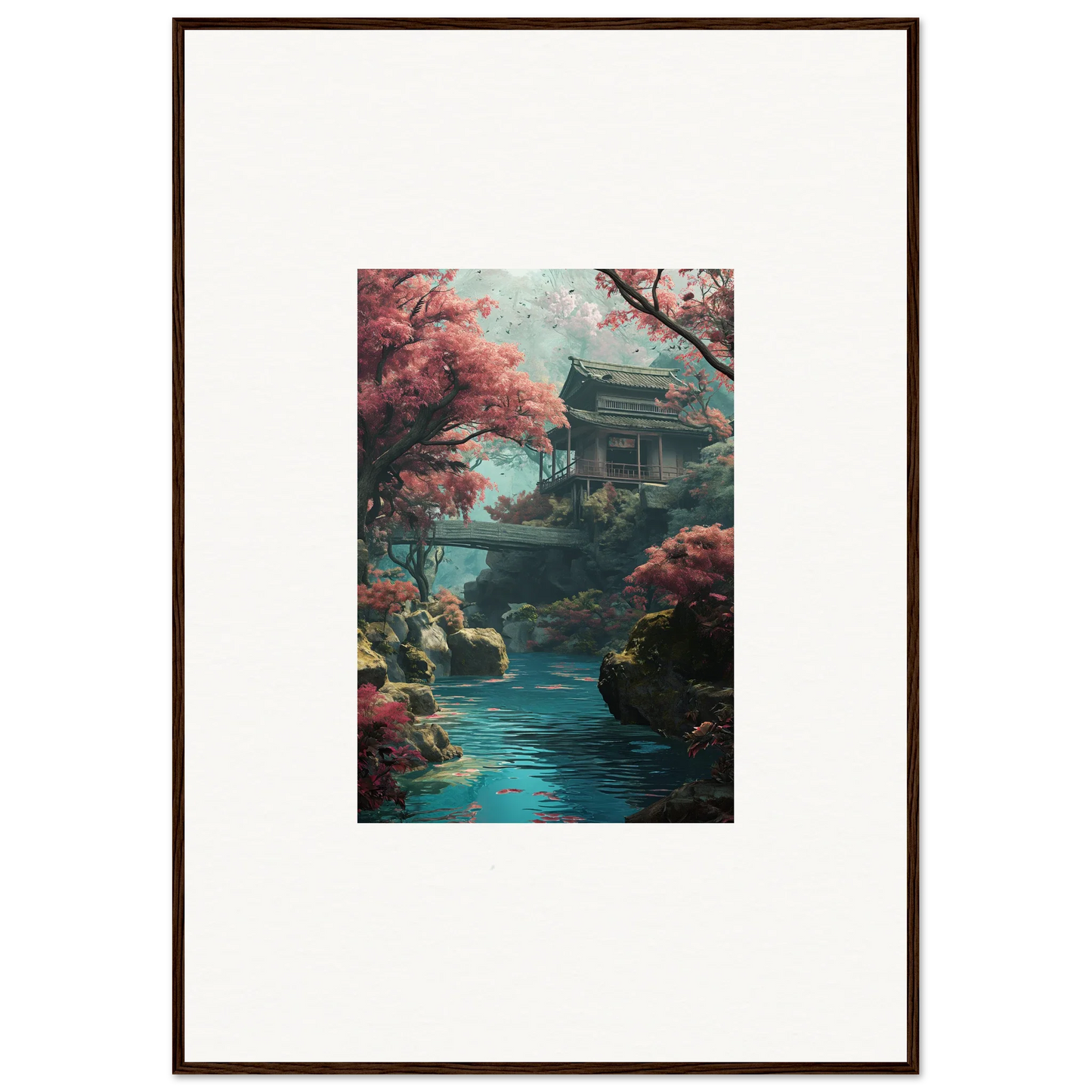 Traditional Japanese pagoda with cherry blossoms near a turquoise stream in Serenity’s Dreamscape