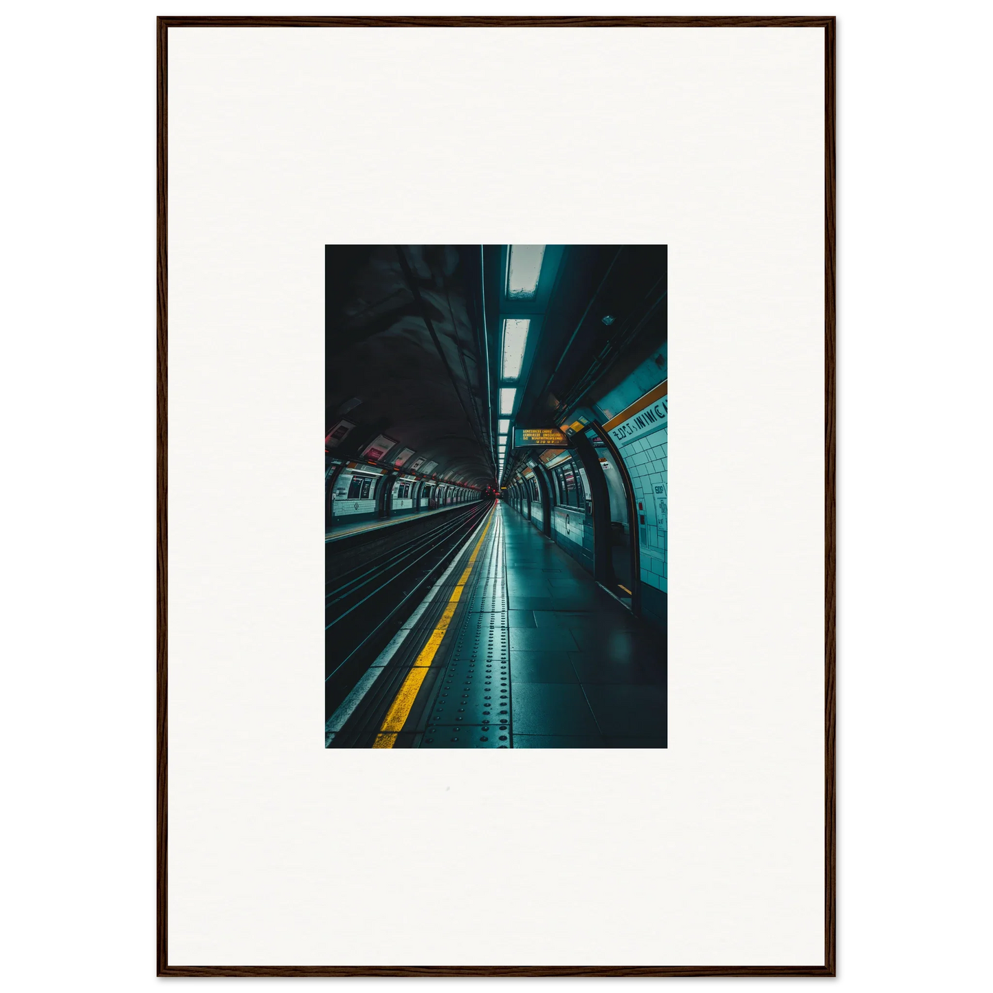 Empty subway platform with fluorescent lights and yellow safety line for Portal Echo Anatomy