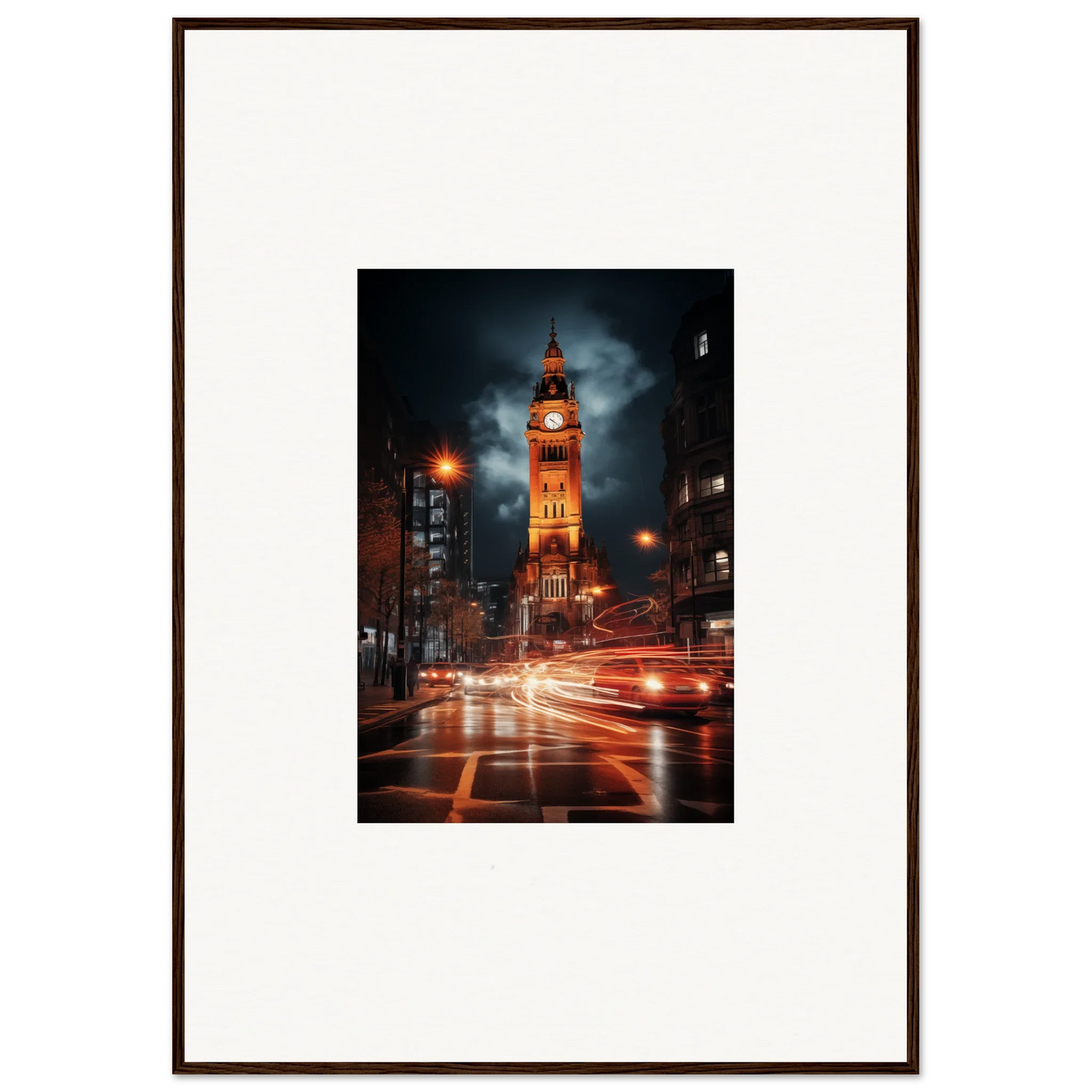 Illuminated Clock Tower at night with red light trails below Venomous Clocklight Nrtabbat