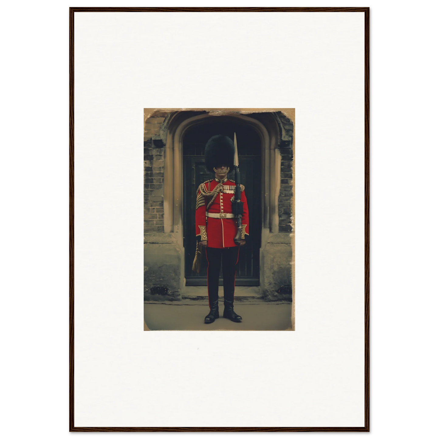 Royal guard in red uniform and bearskin hat, featured in Solstice Brickbeard Visitor