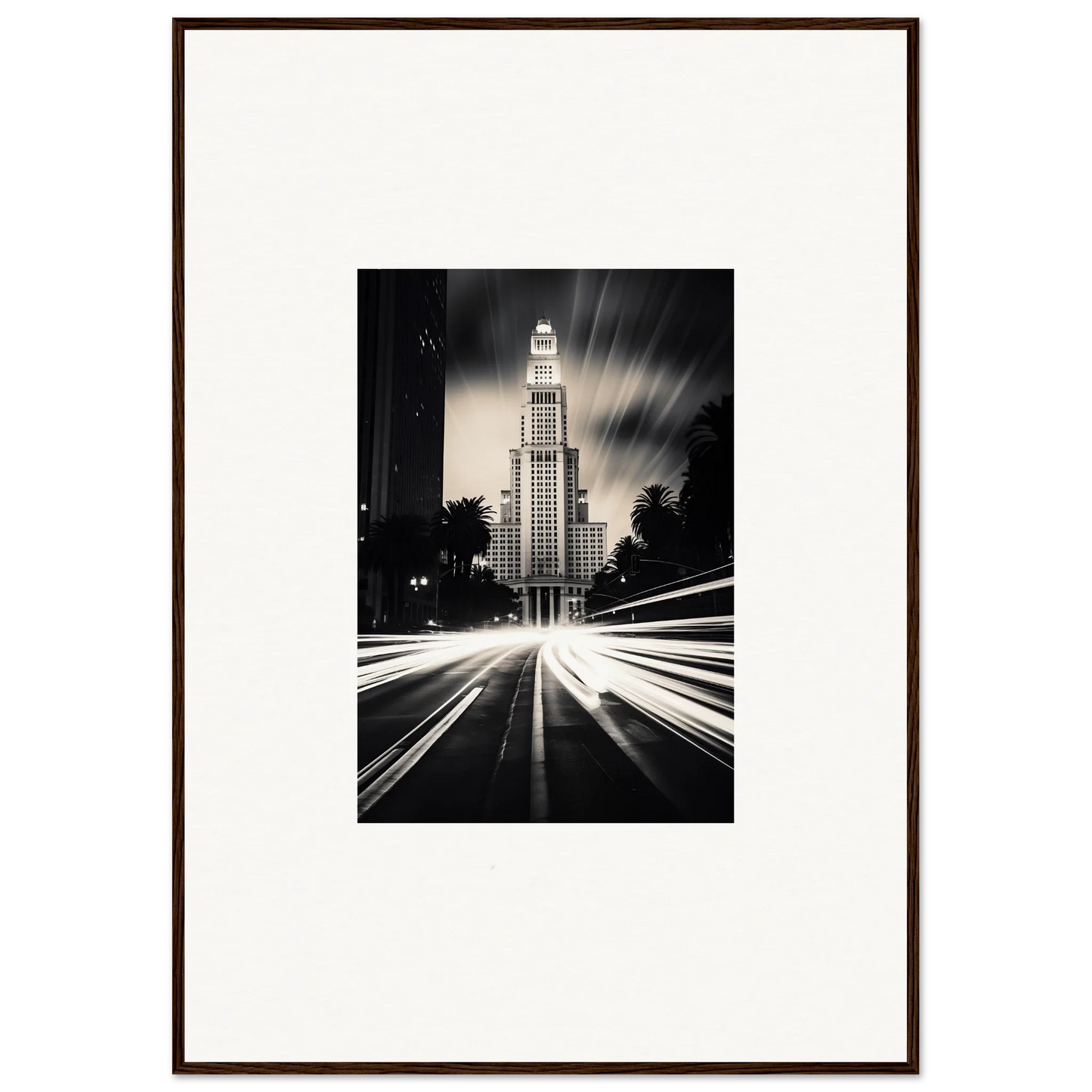 Stunning Art Deco skyscraper lit up at night, perfect for your Luminescent Metropolis Beacon