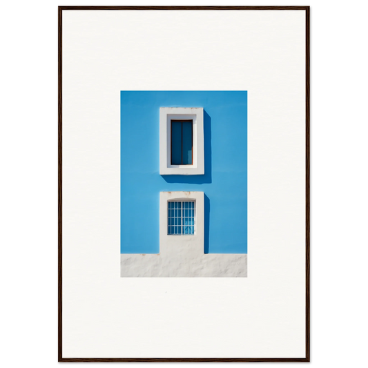Blue wall with a white-framed window and barred door in Isles Encompassed Vista framed wall art