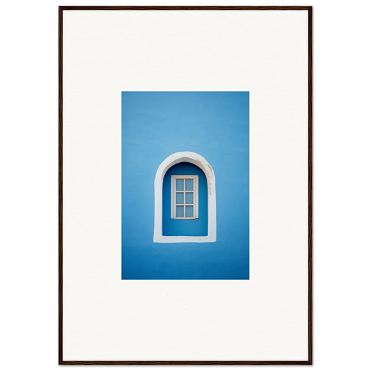 Arched white window frame on blue wall, perfect for Whispers Sky Mosaic art