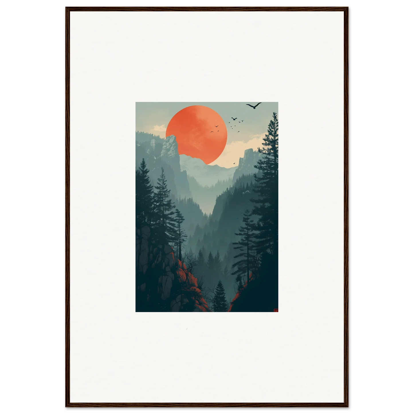 Framed wall art of a mountainous forest at sunset for stylish room decoration