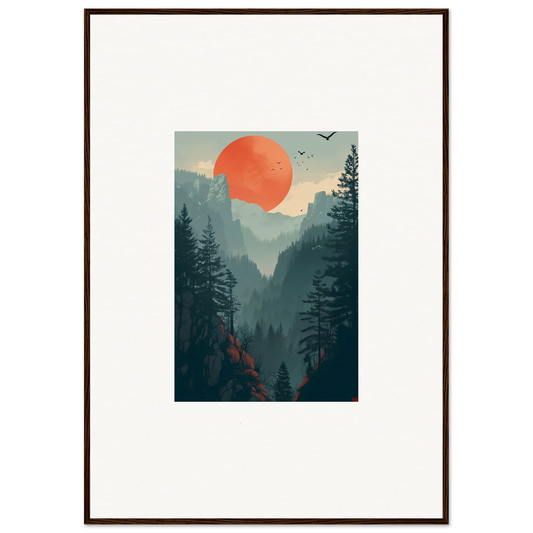 Framed wall art of a mountainous forest at sunset for stylish room decoration