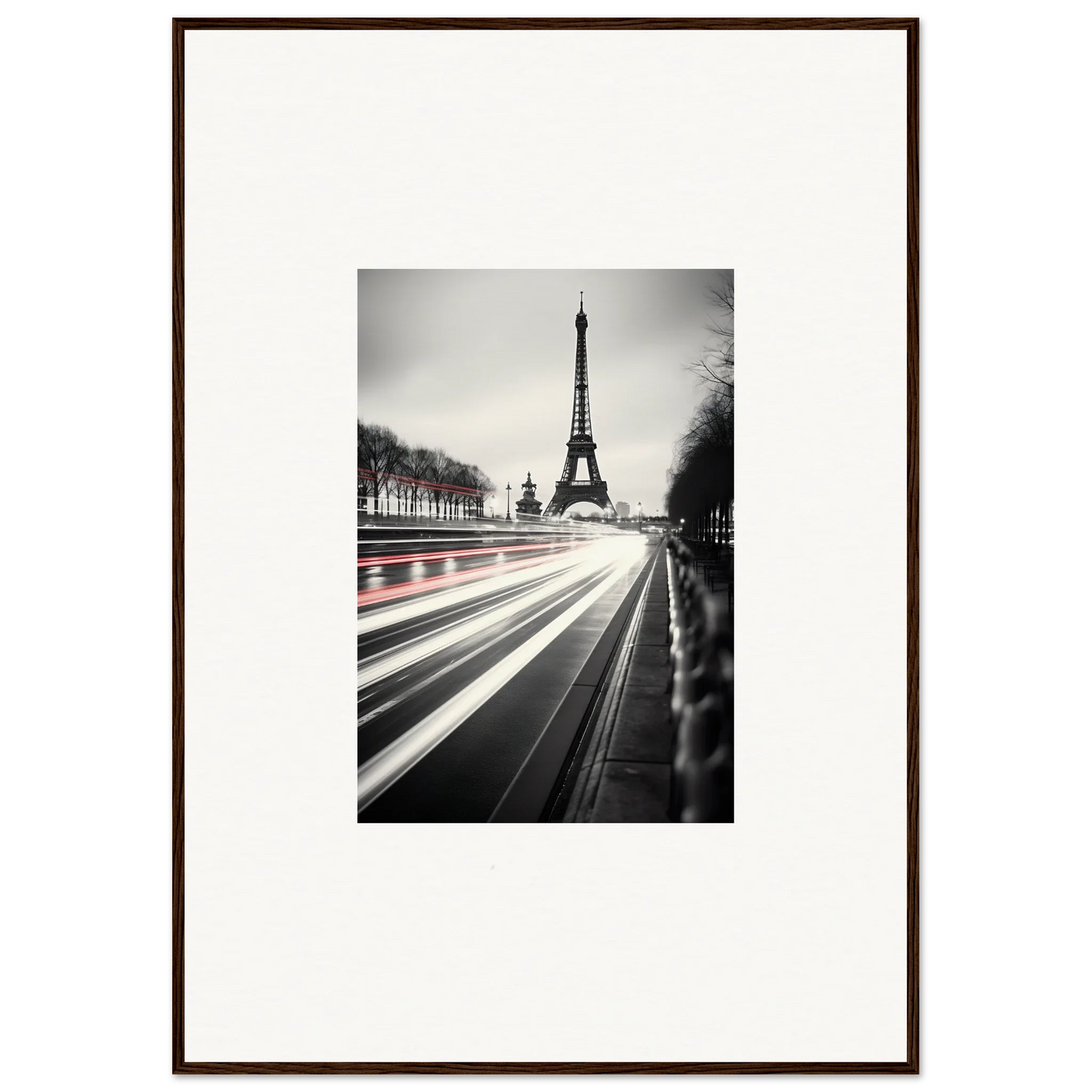 Framed black and white Eiffel Tower photo with light trails in Eternal Windsweep Halo