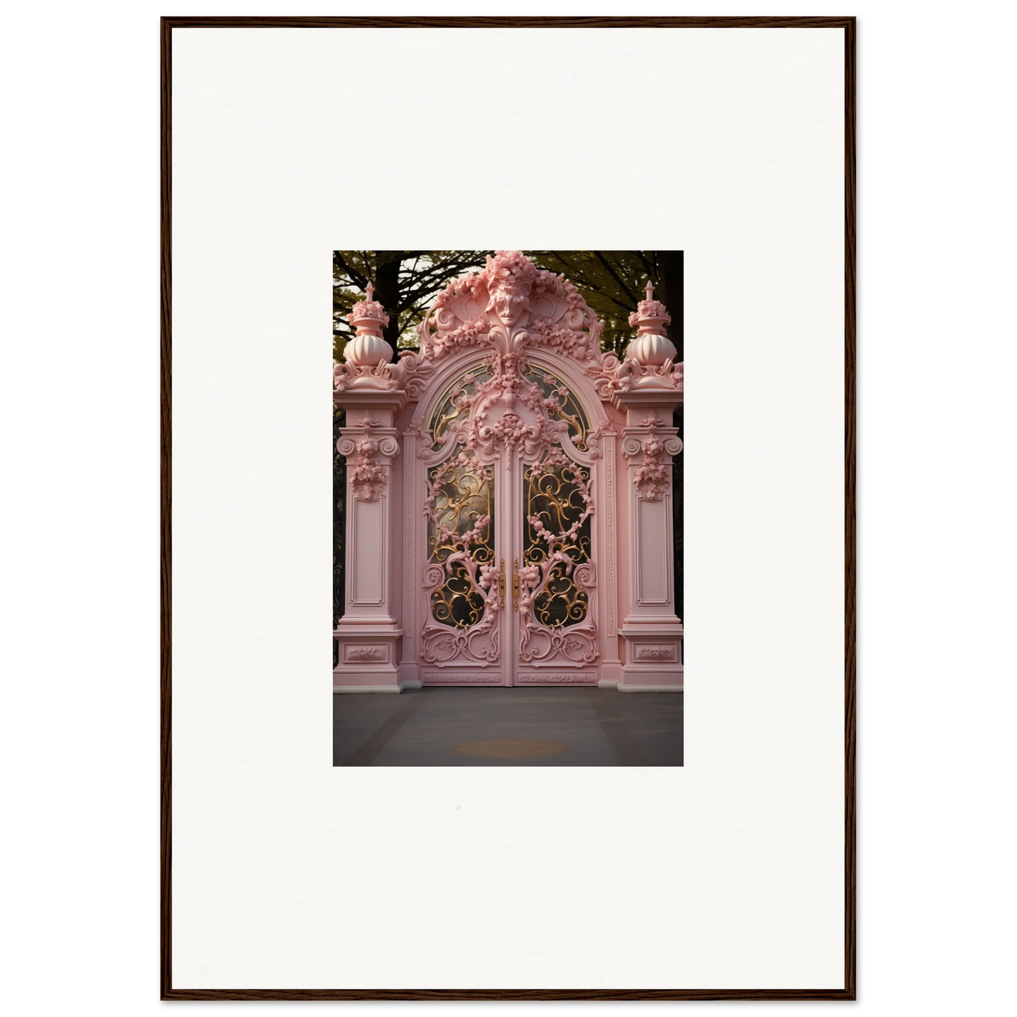 Ornate pink baroque gates with scrollwork showcasing Opulent Doorscape Divinity
