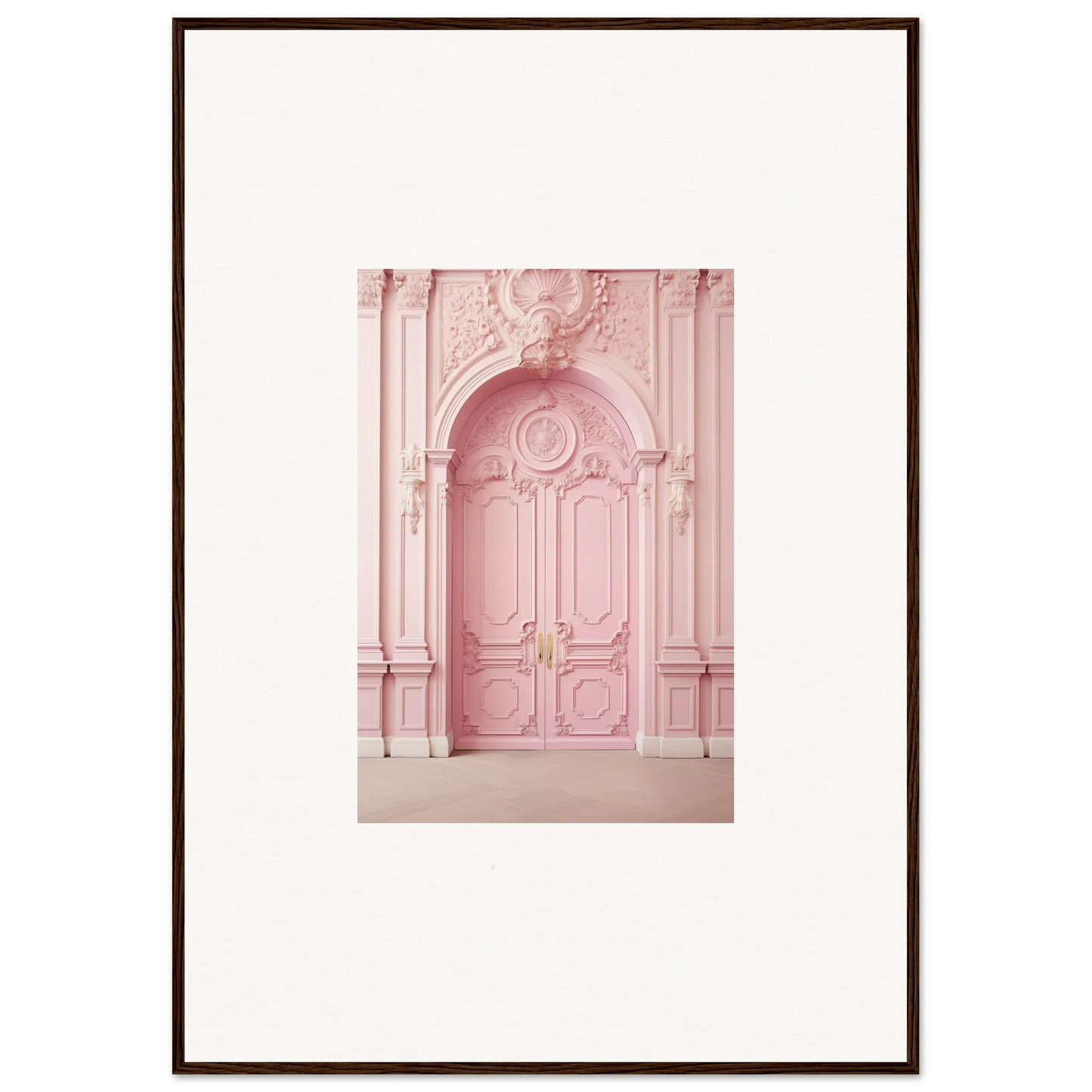 Ornate pink door with moldings and brass handle from Blush Merciful Renaissance collection
