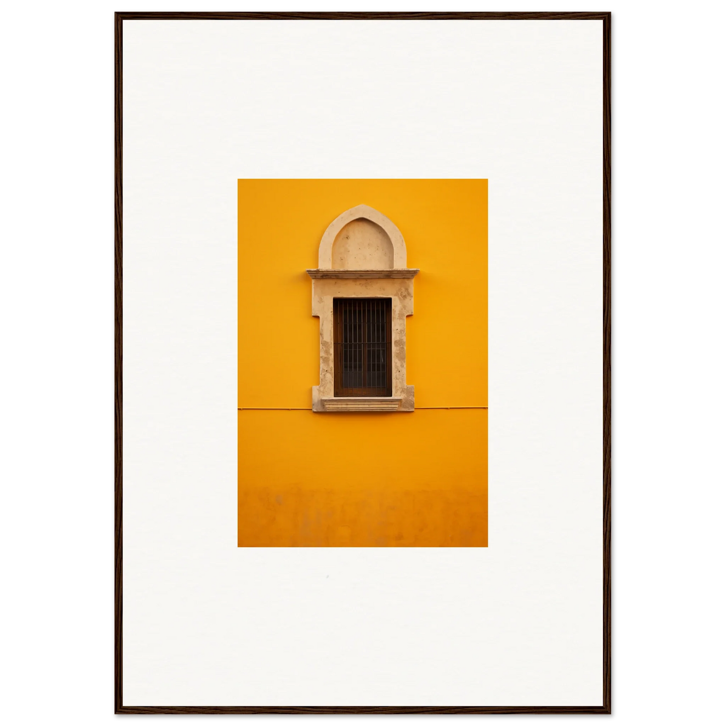 Ornate arched window in a vibrant yellow wall of Golden Correspondence Portal art